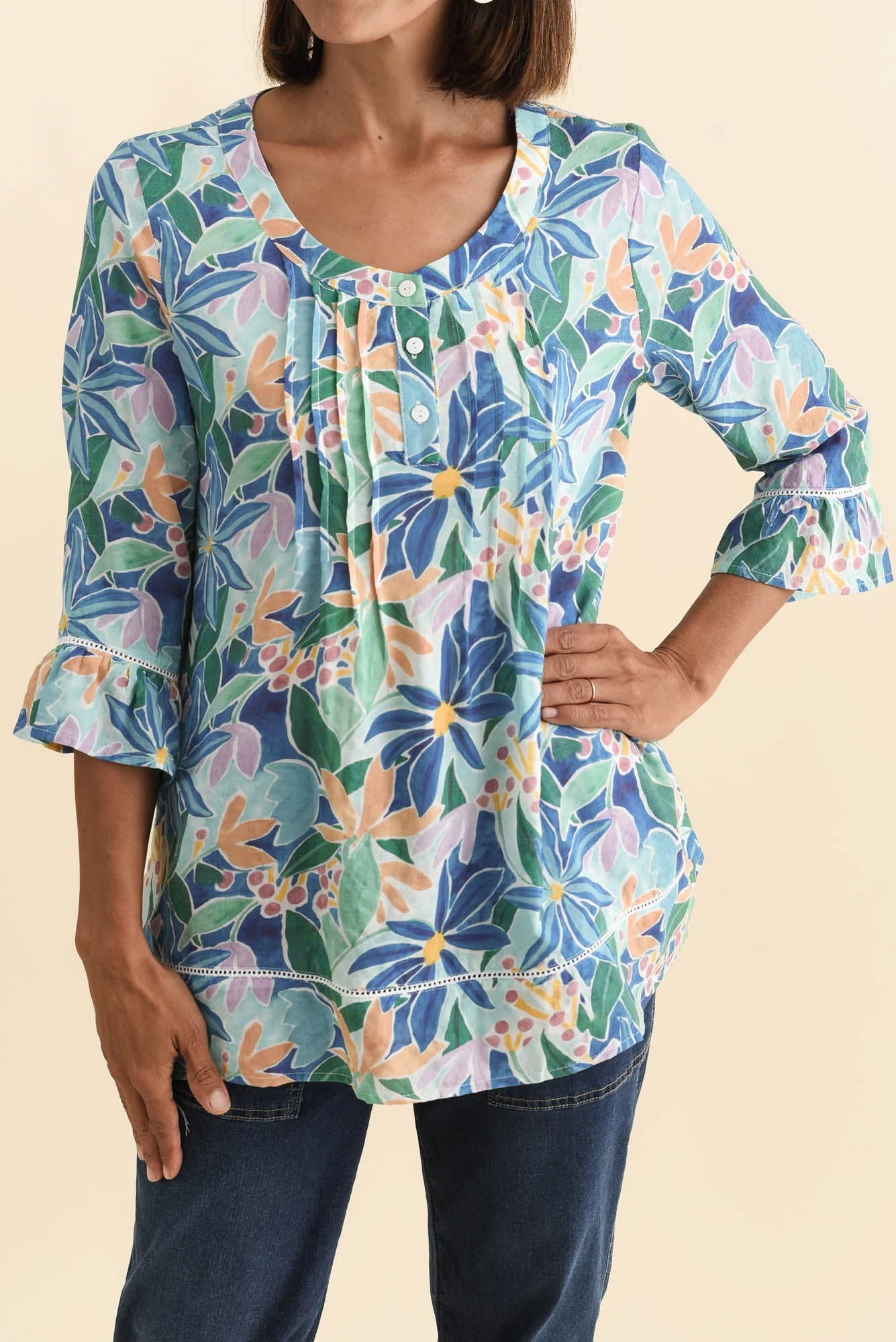 Cassidy Blue Garden Cotton Sleeved Top - Image 6