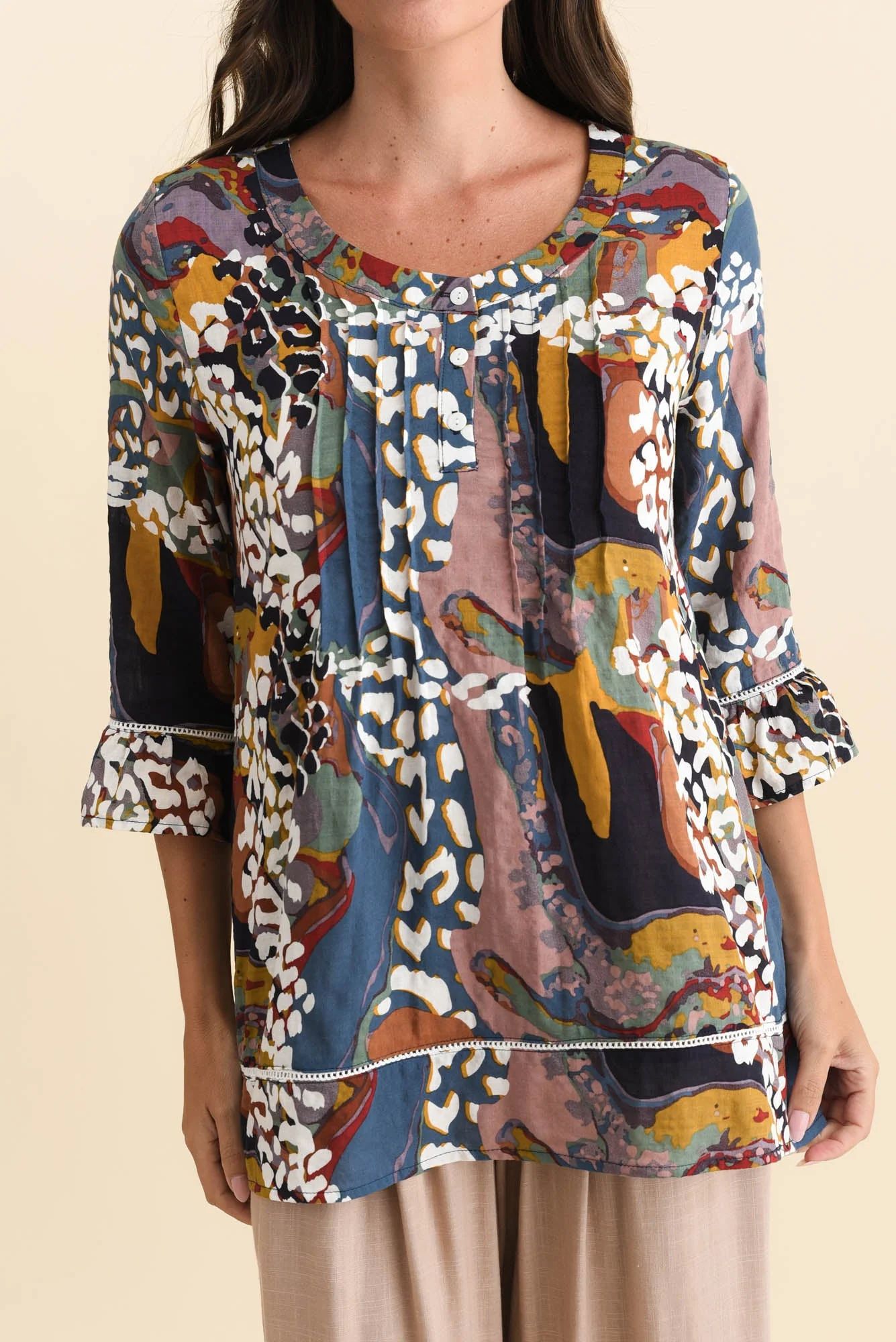 Cassidy Brown Abstract Cotton Sleeved Top - Image 5