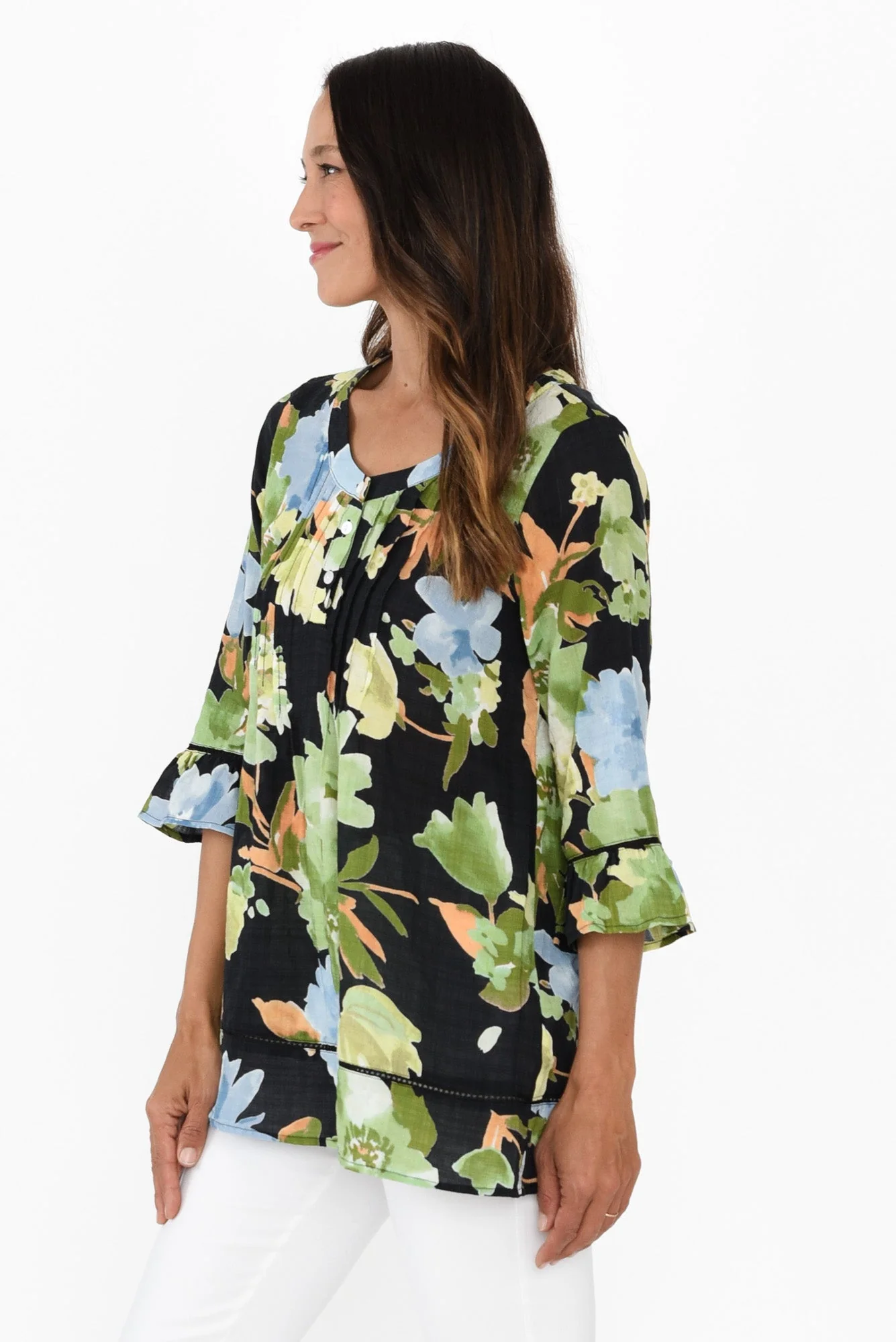 Cassidy Navy Flower Cotton Sleeved Top - Image 3