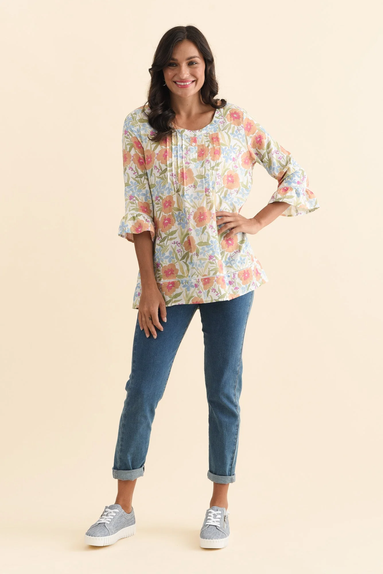 Cassidy Orange Wildflower Cotton Sleeved Top - Image 2
