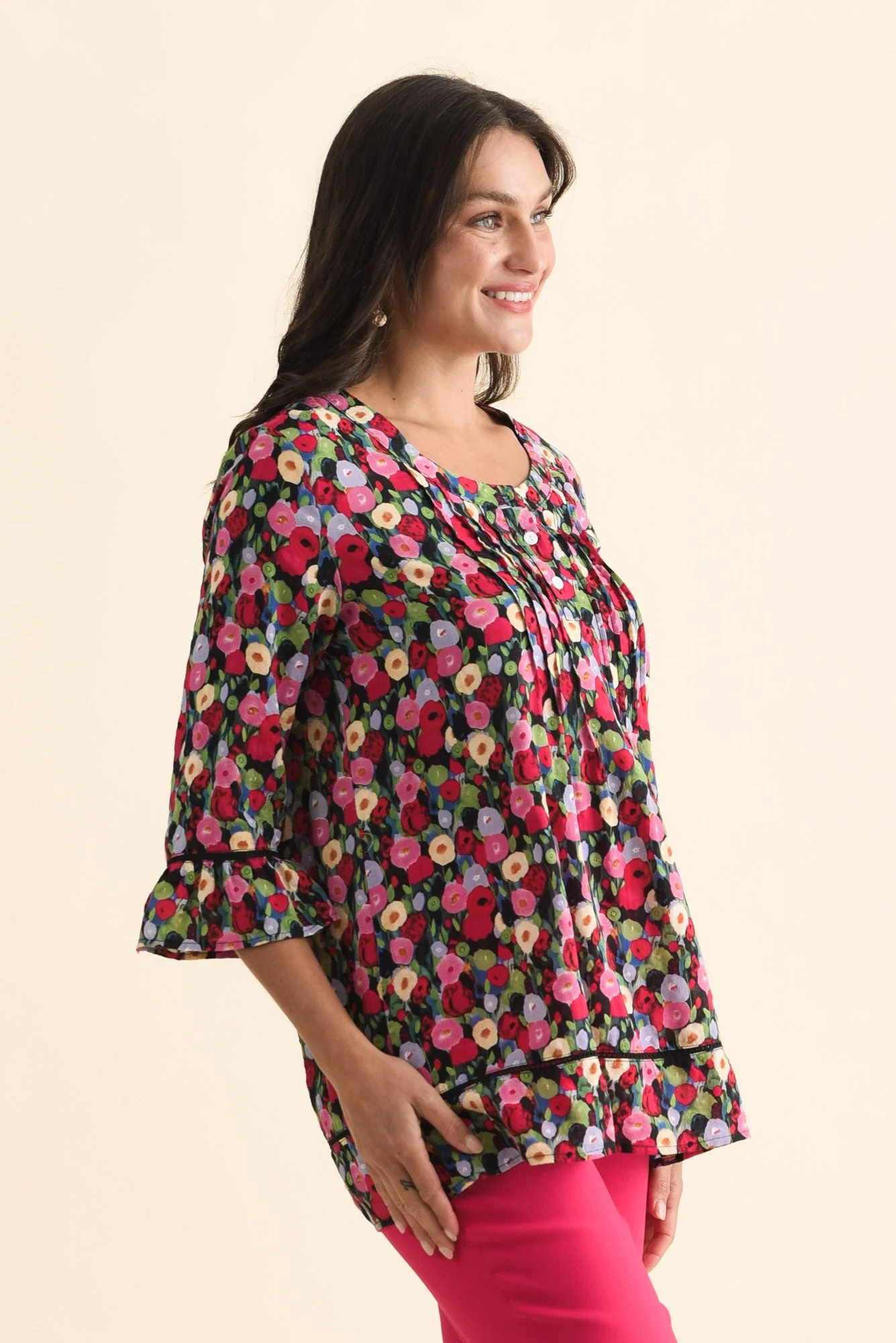 Cassidy Pink Poppy Cotton Sleeved Top - Image 3