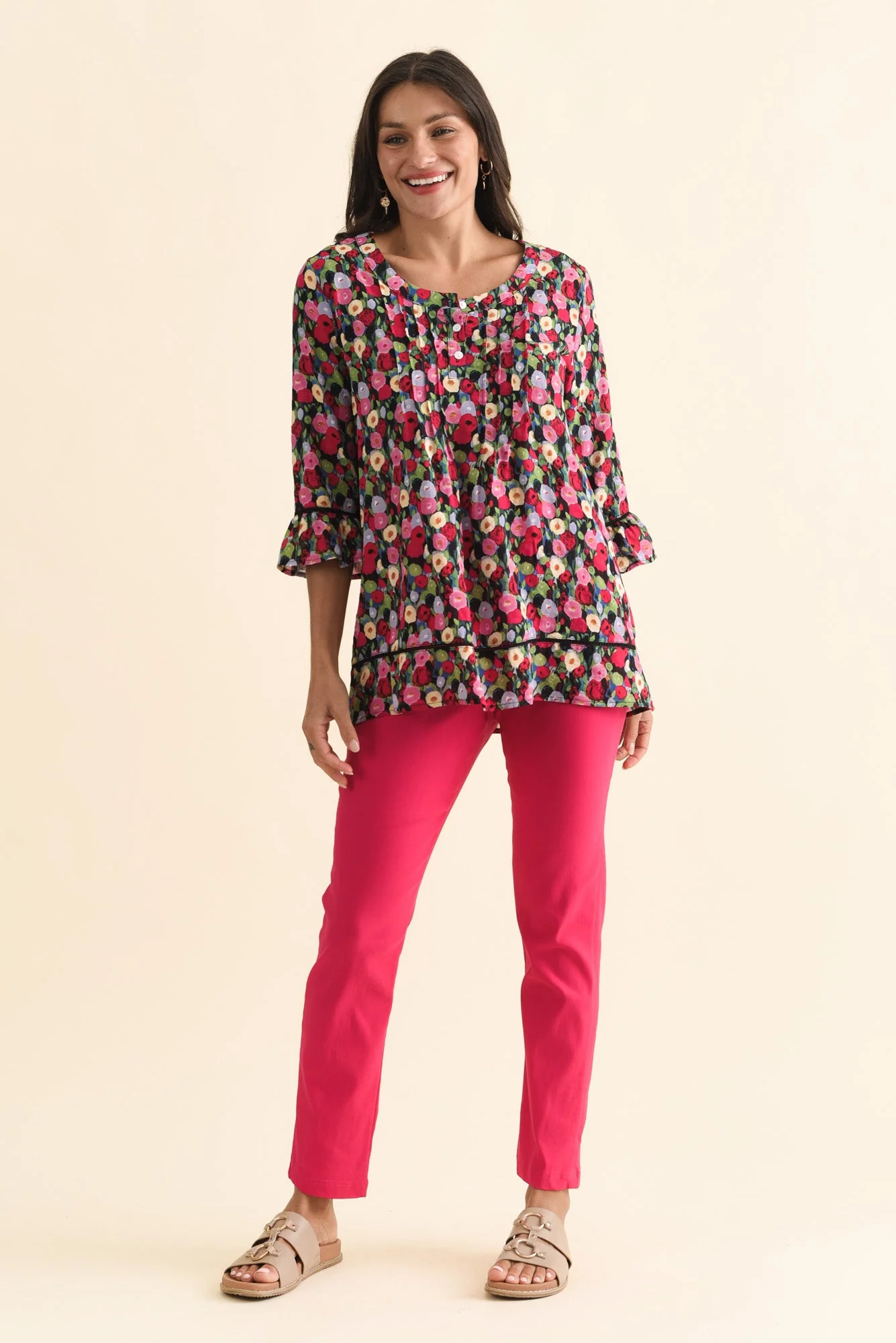 Cassidy Pink Poppy Cotton Sleeved Top - Image 6