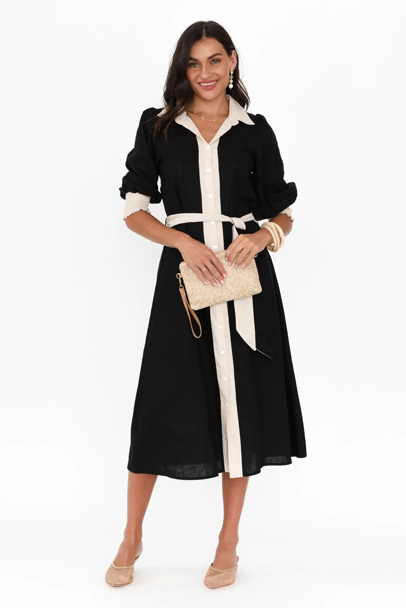Catalina Black Trim Linen Blend Tie Dress - Image 2