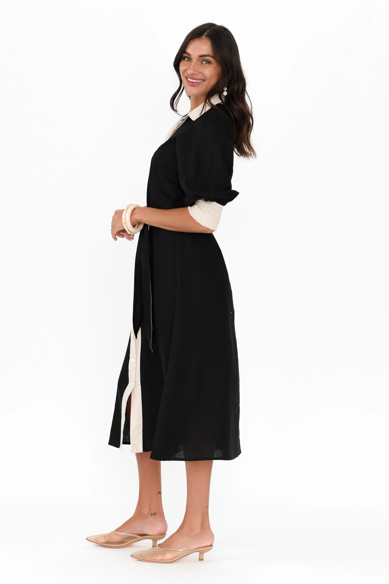 Catalina Black Trim Linen Blend Tie Dress - Image 4