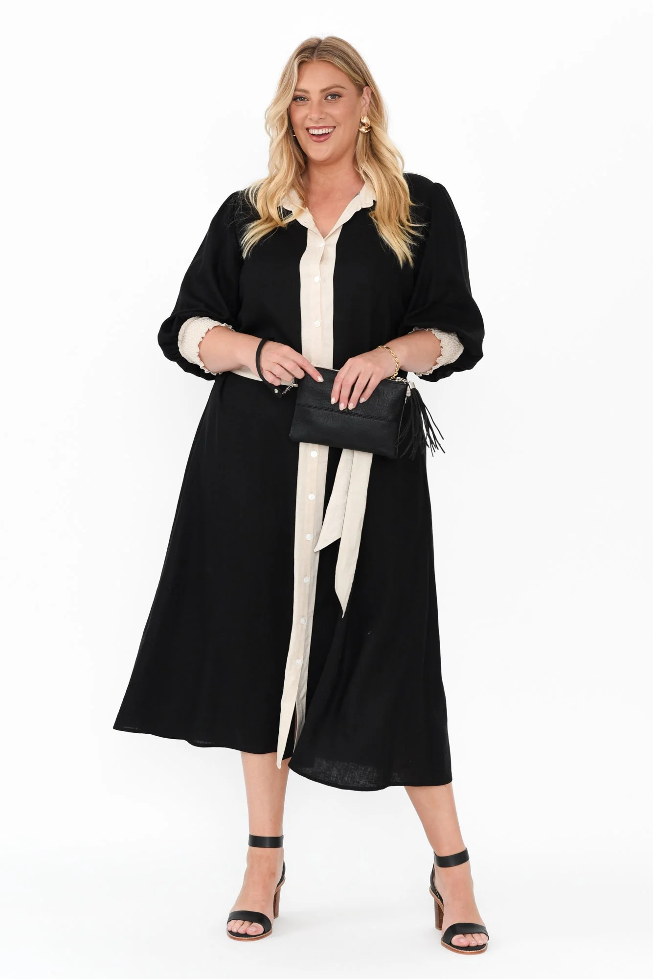 Catalina Black Trim Linen Blend Tie Dress - Image 8