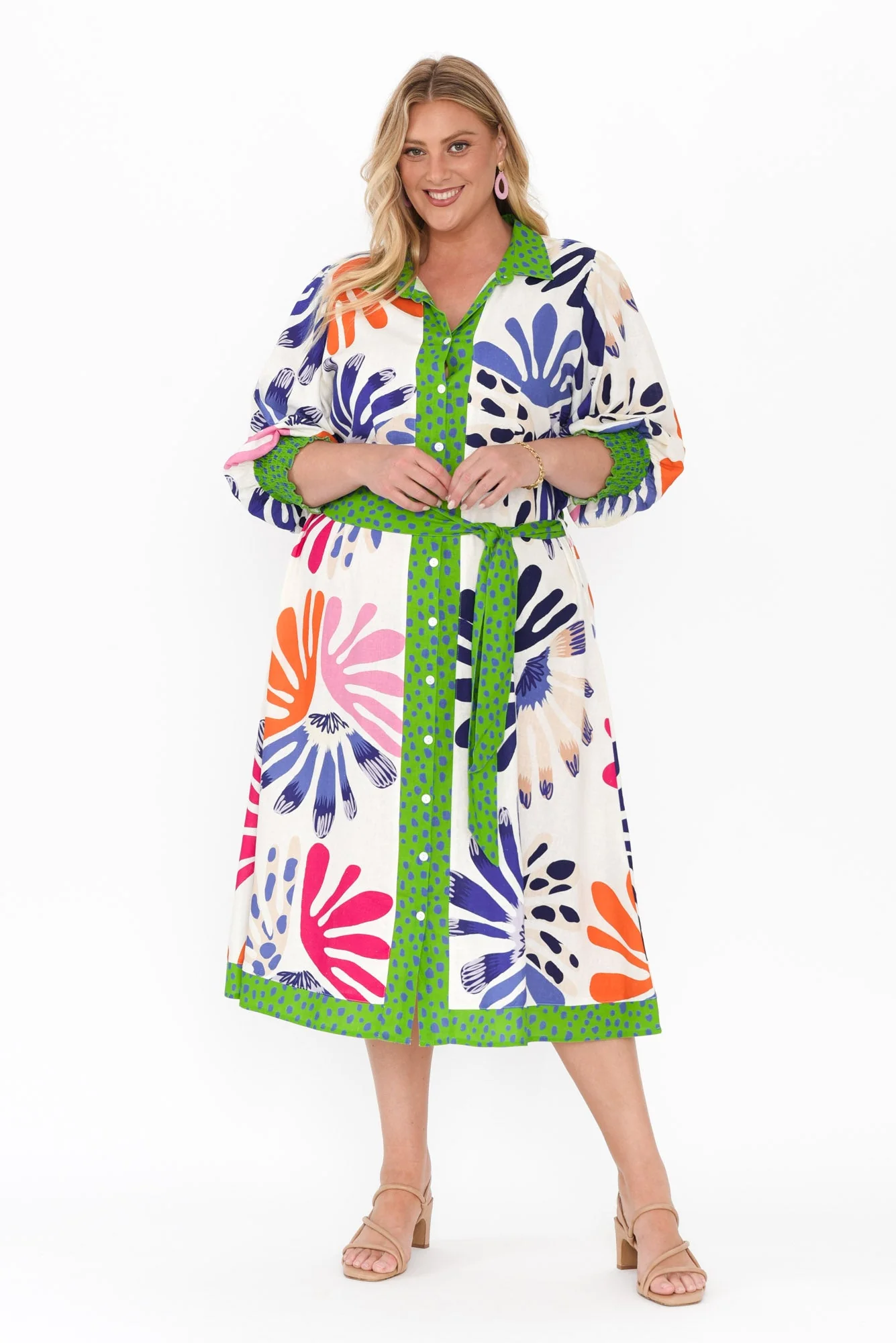 Catalina Cream Abstract Linen Blend Tie Dress - Image 12