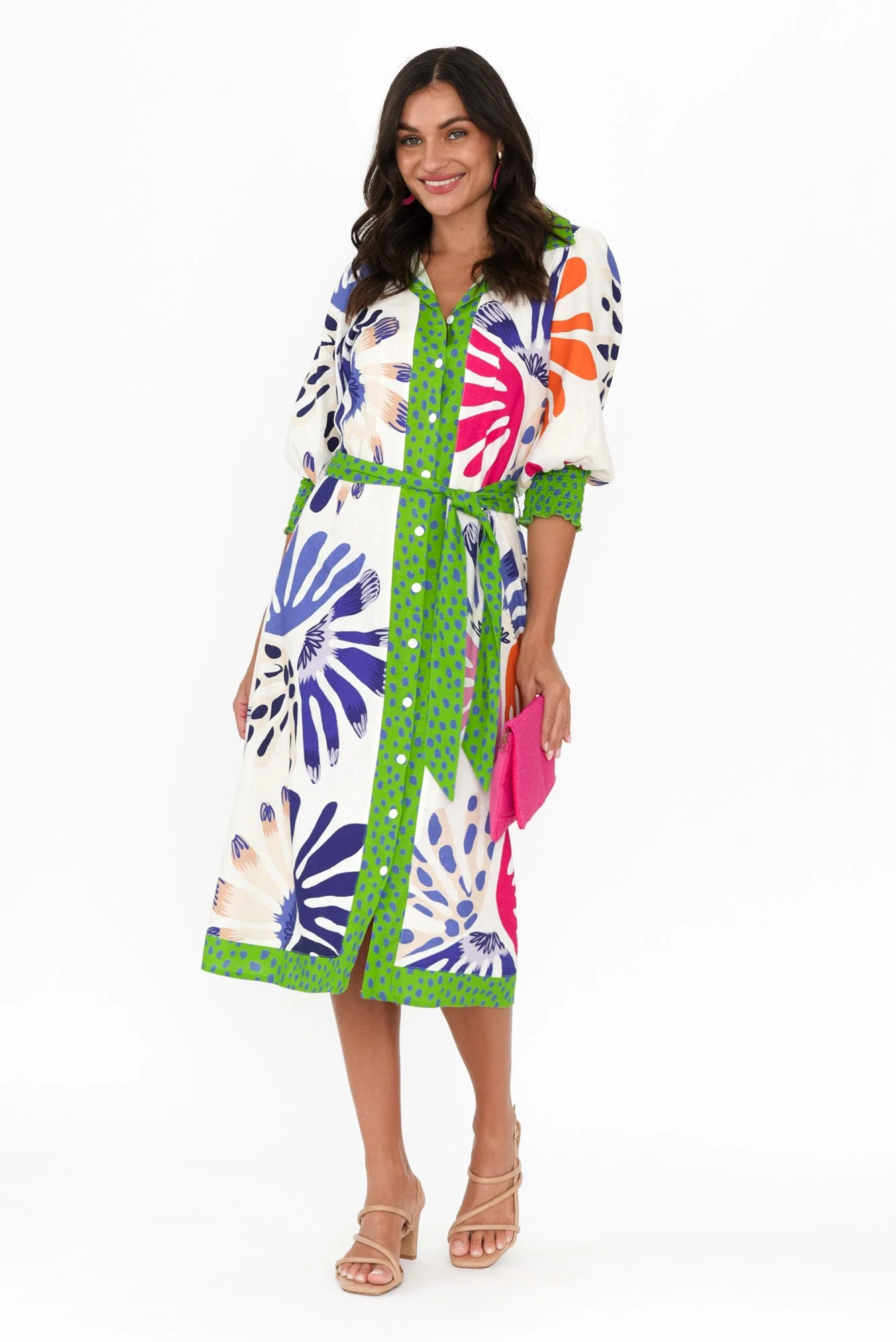 Catalina Cream Abstract Linen Blend Tie Dress - Image 2