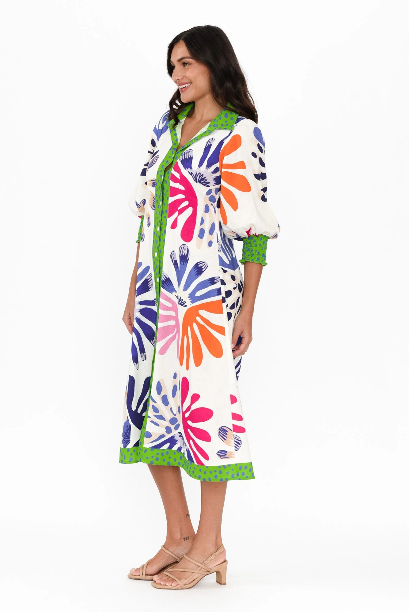 Catalina Cream Abstract Linen Blend Tie Dress - Image 4