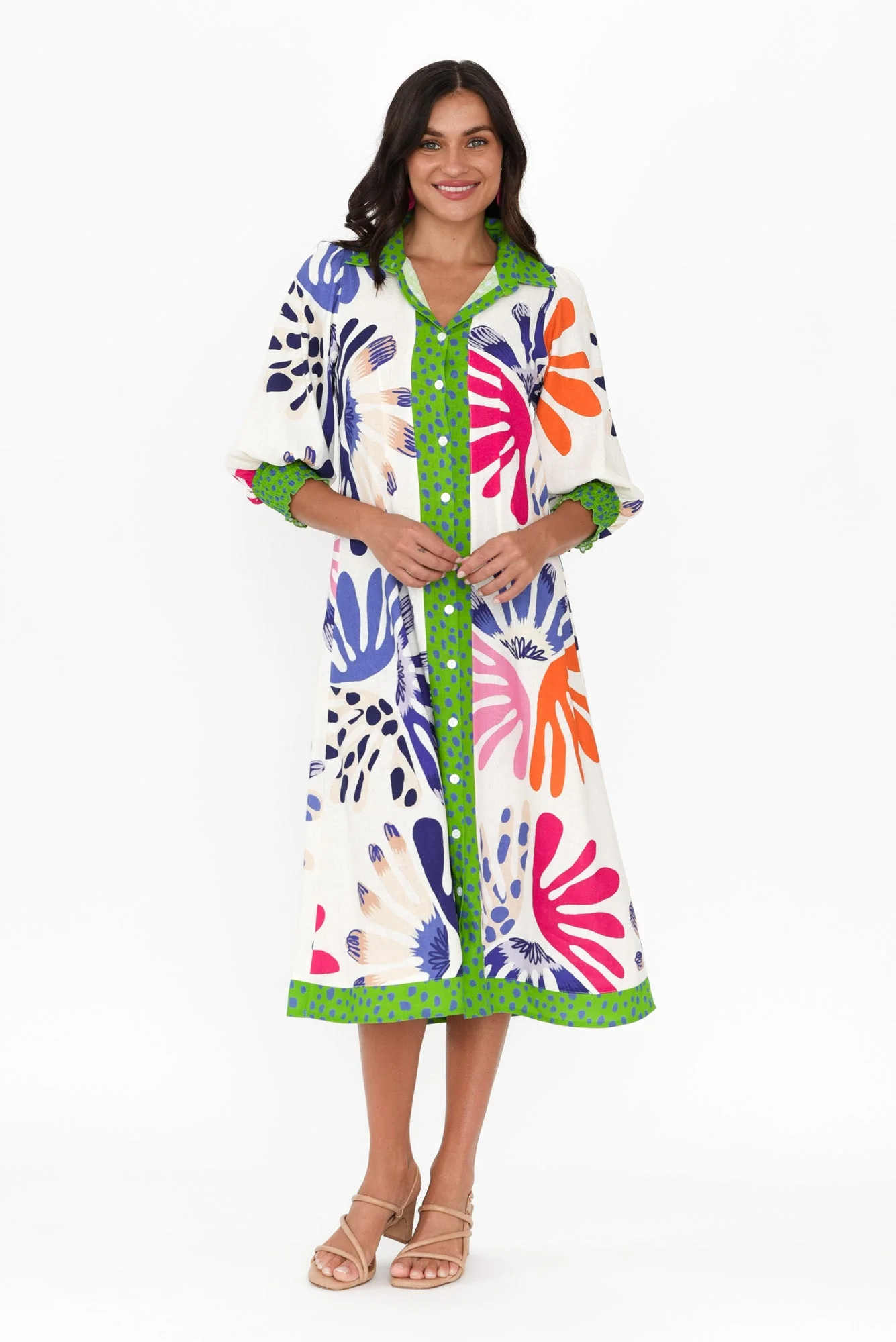 Catalina Cream Abstract Linen Blend Tie Dress - Image 7