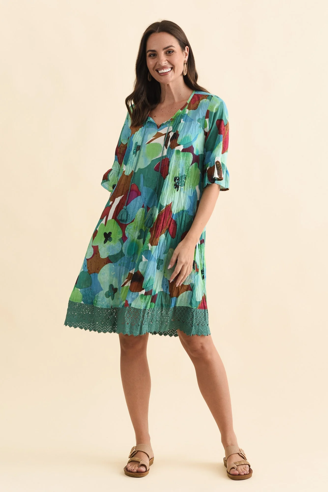 Cayman Teal Flower Cotton Tunic Dress - Image 2