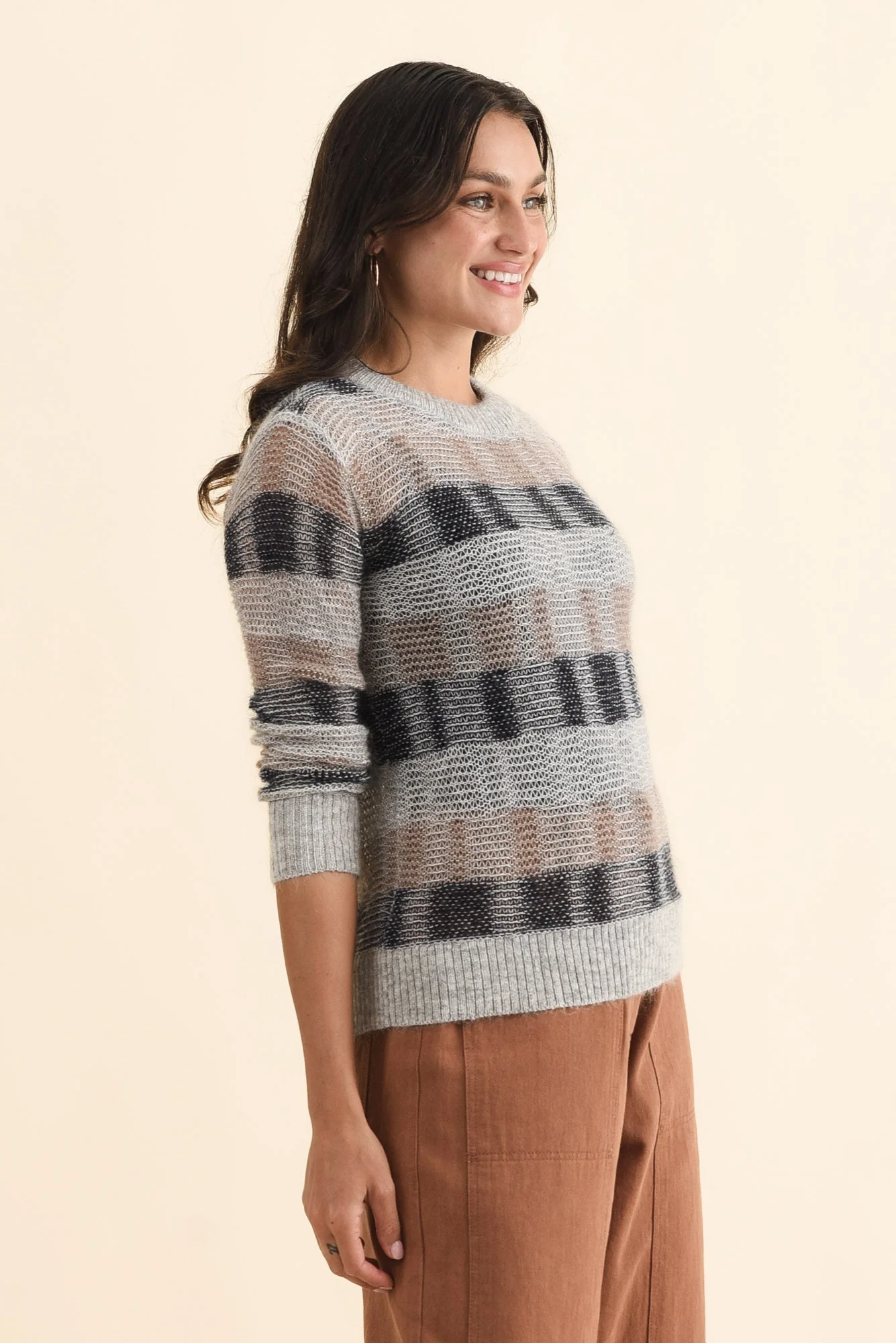 Ciara Grey Stripe Mohair Wool Knit Sweater - Image 3