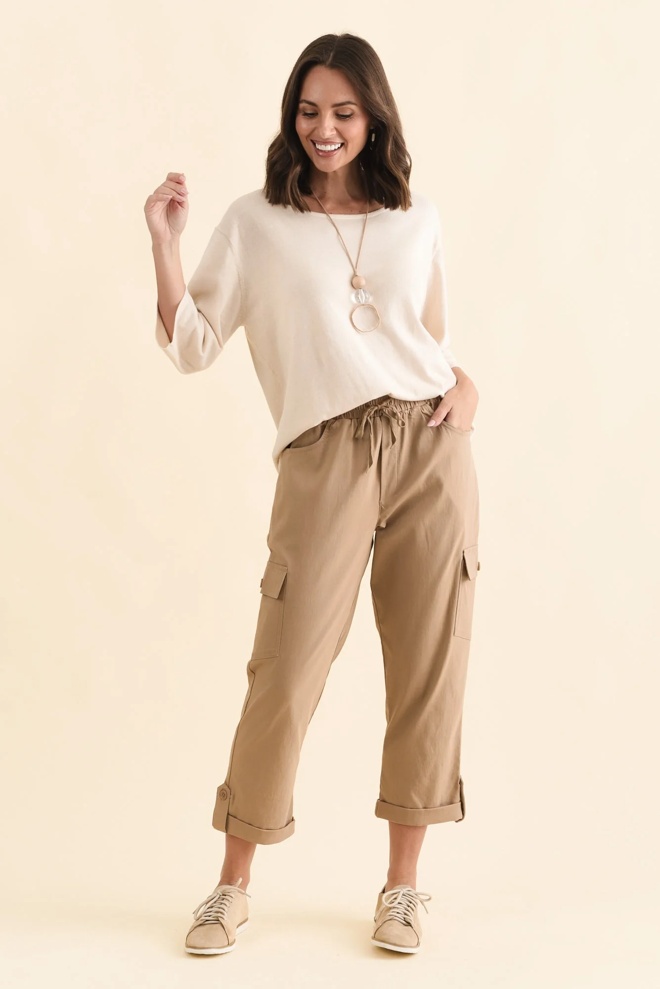 Cindy Beige Denim Cargo Pants - Image 2