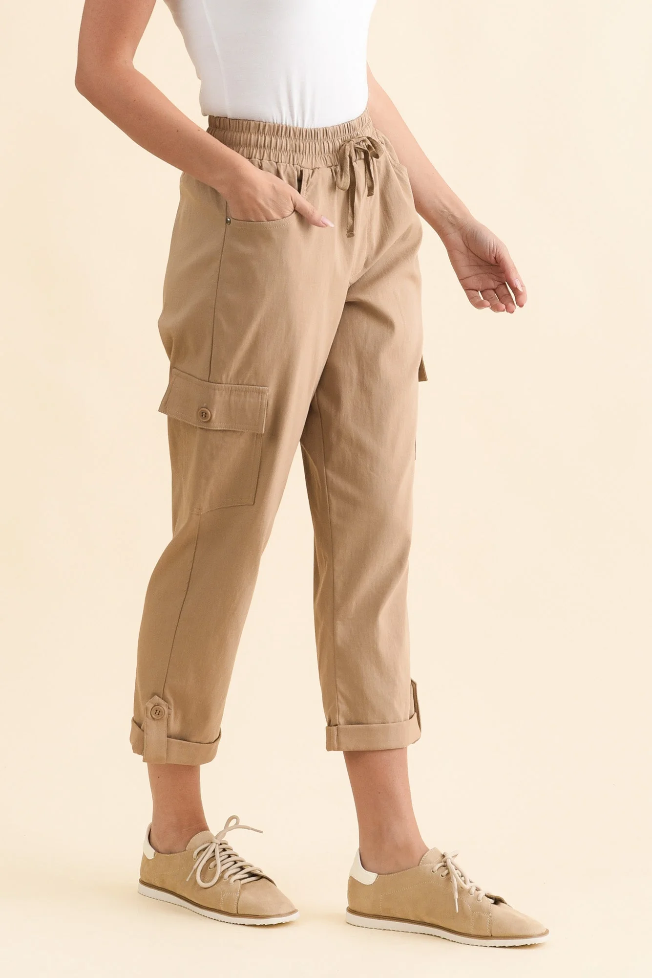 Cindy Beige Denim Cargo Pants - Image 3