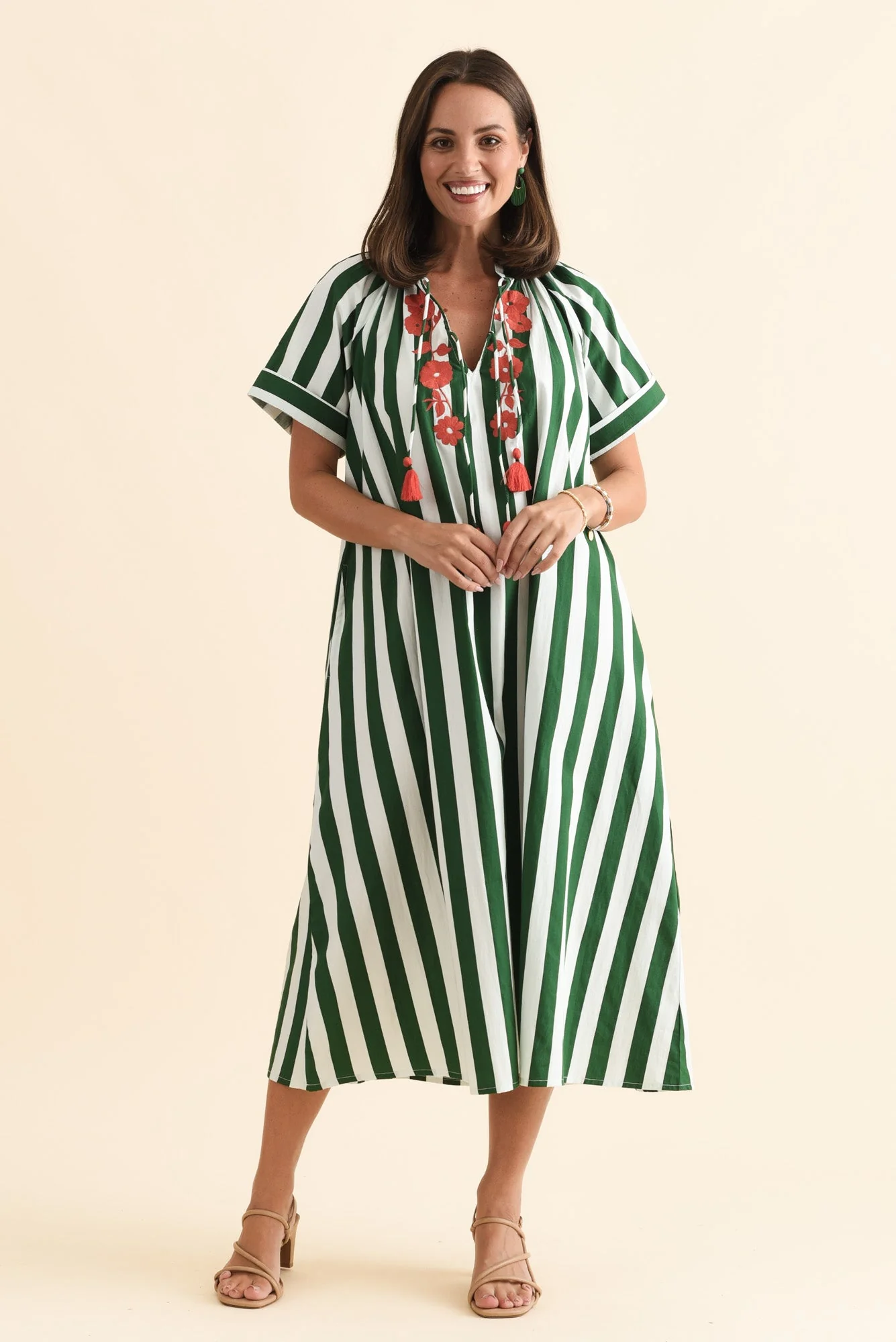 Claras Green Stripe Cotton Tie Dress - Image 2
