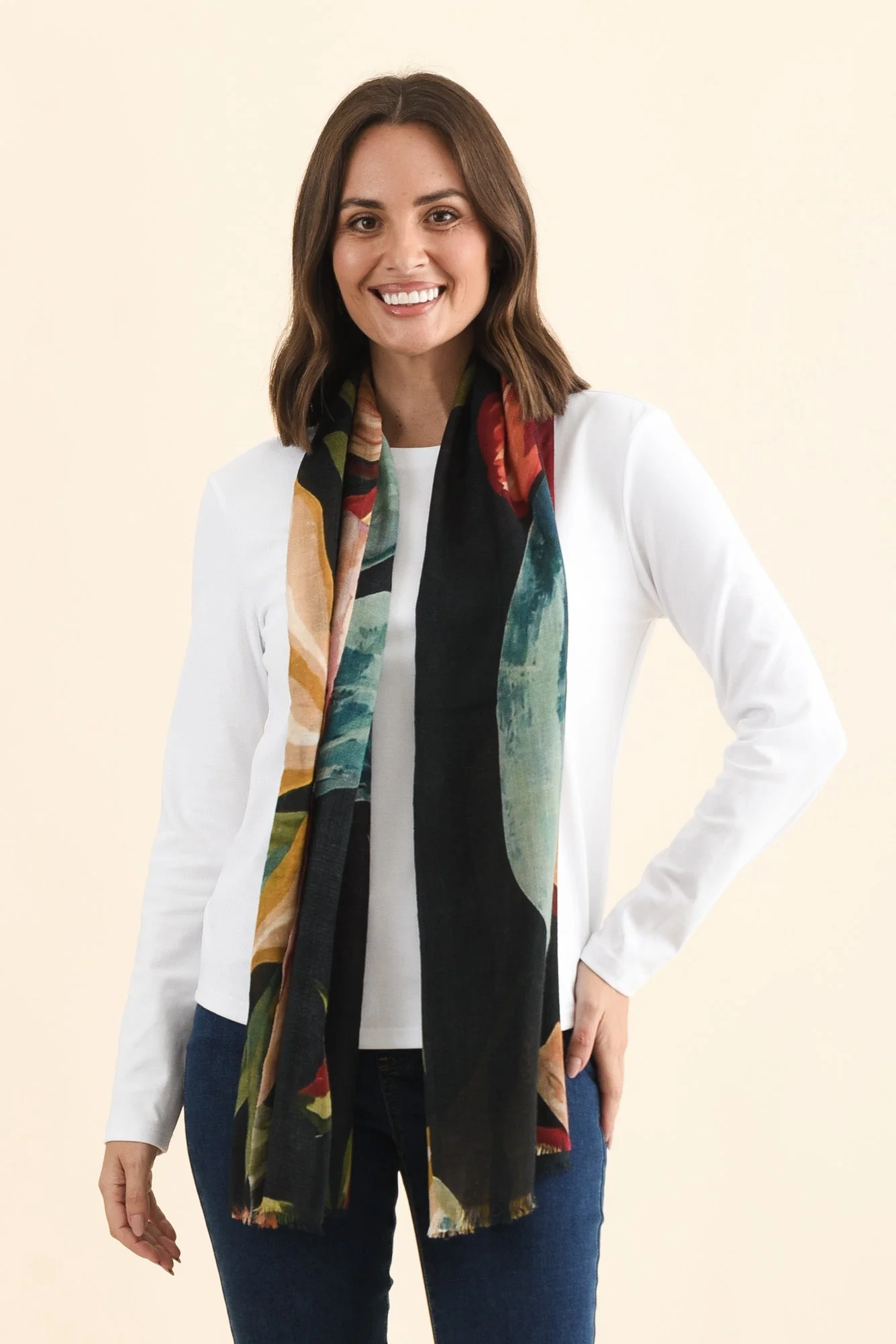Clarine Navy Flower Merino Wool Scarf - Image 2