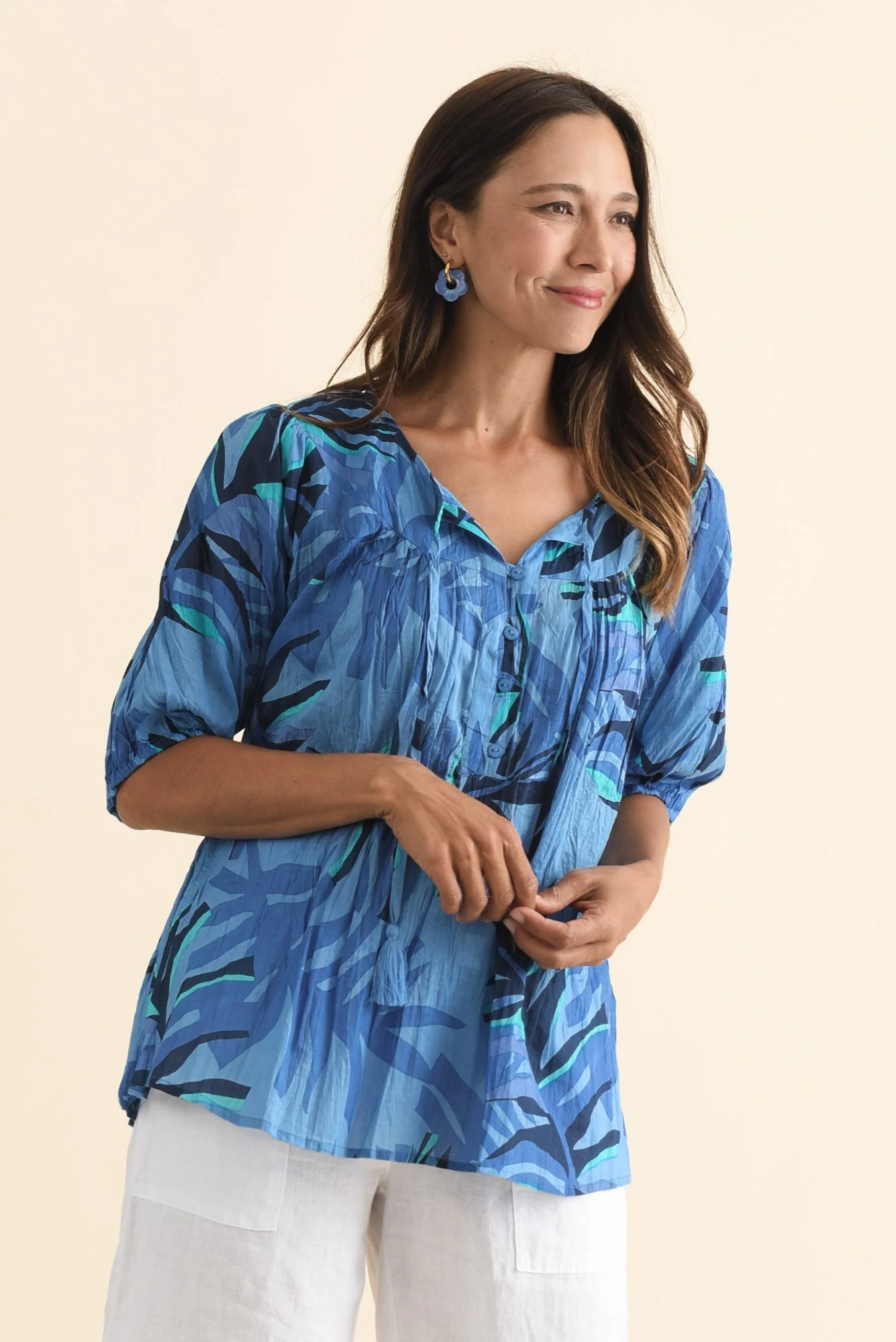 Claris Blue Leaf Crinkle Cotton Top - Image 6
