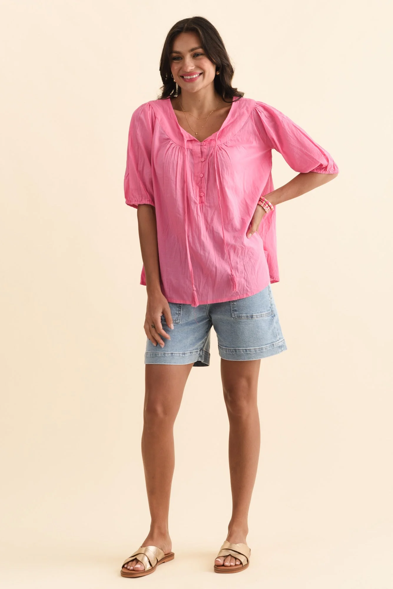 Claris Bright Pink Crinkle Cotton Top - Image 2