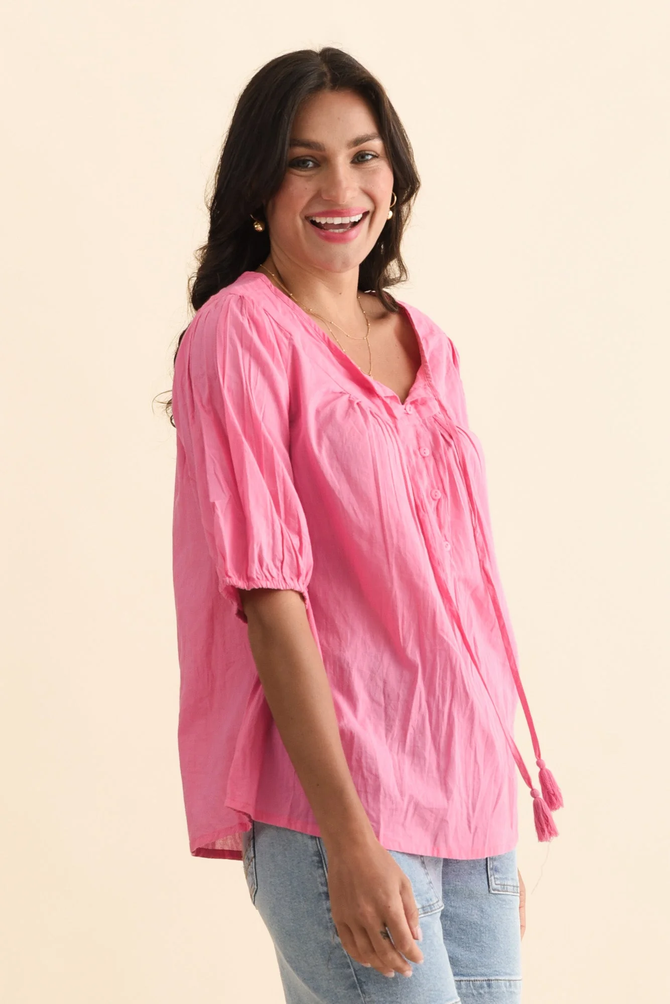 Claris Bright Pink Crinkle Cotton Top - Image 3