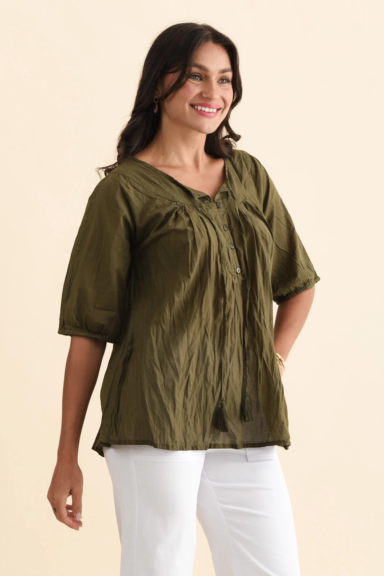 Claris Khaki Crinkle Cotton Top - Image 3