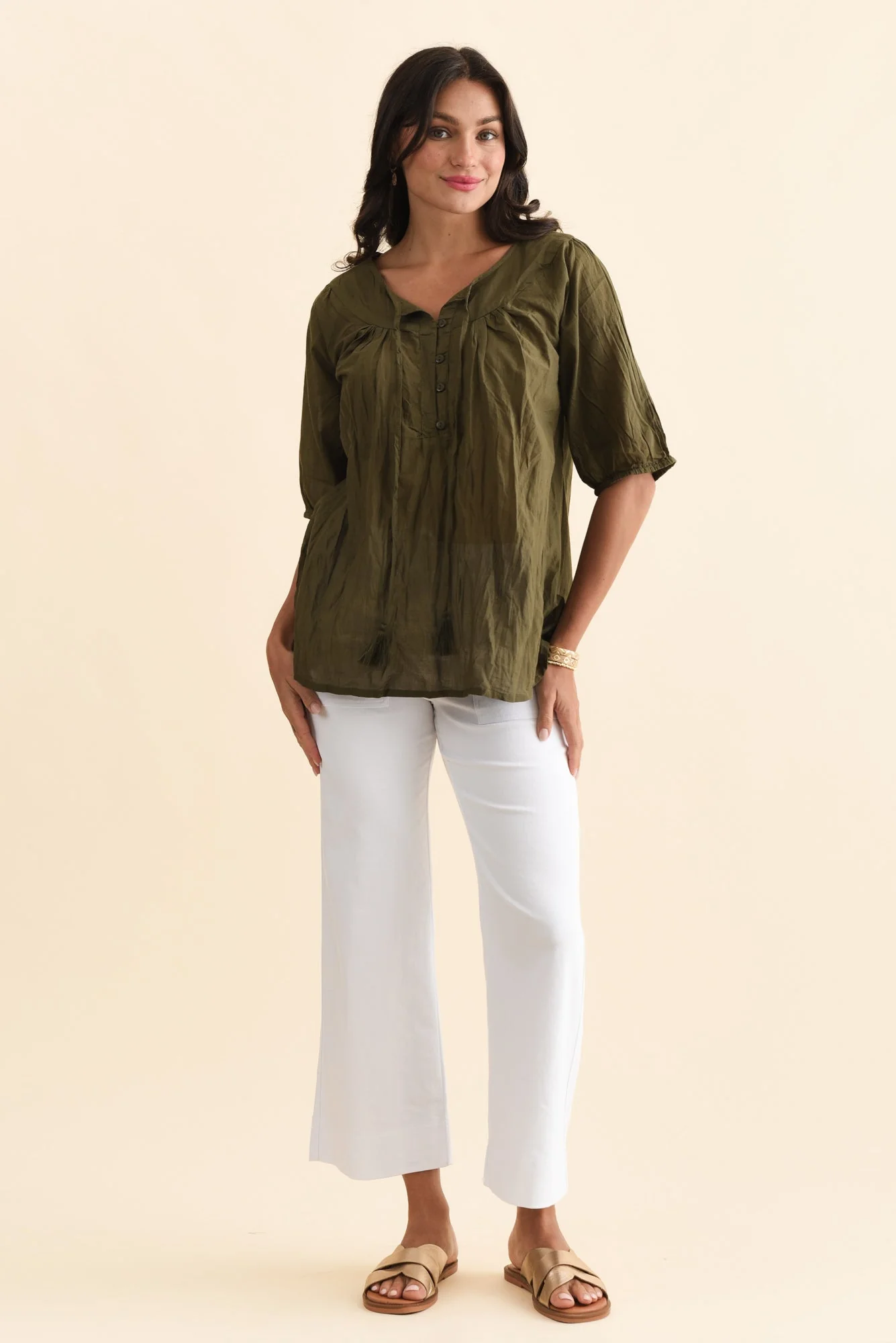 Claris Khaki Crinkle Cotton Top - Image 6