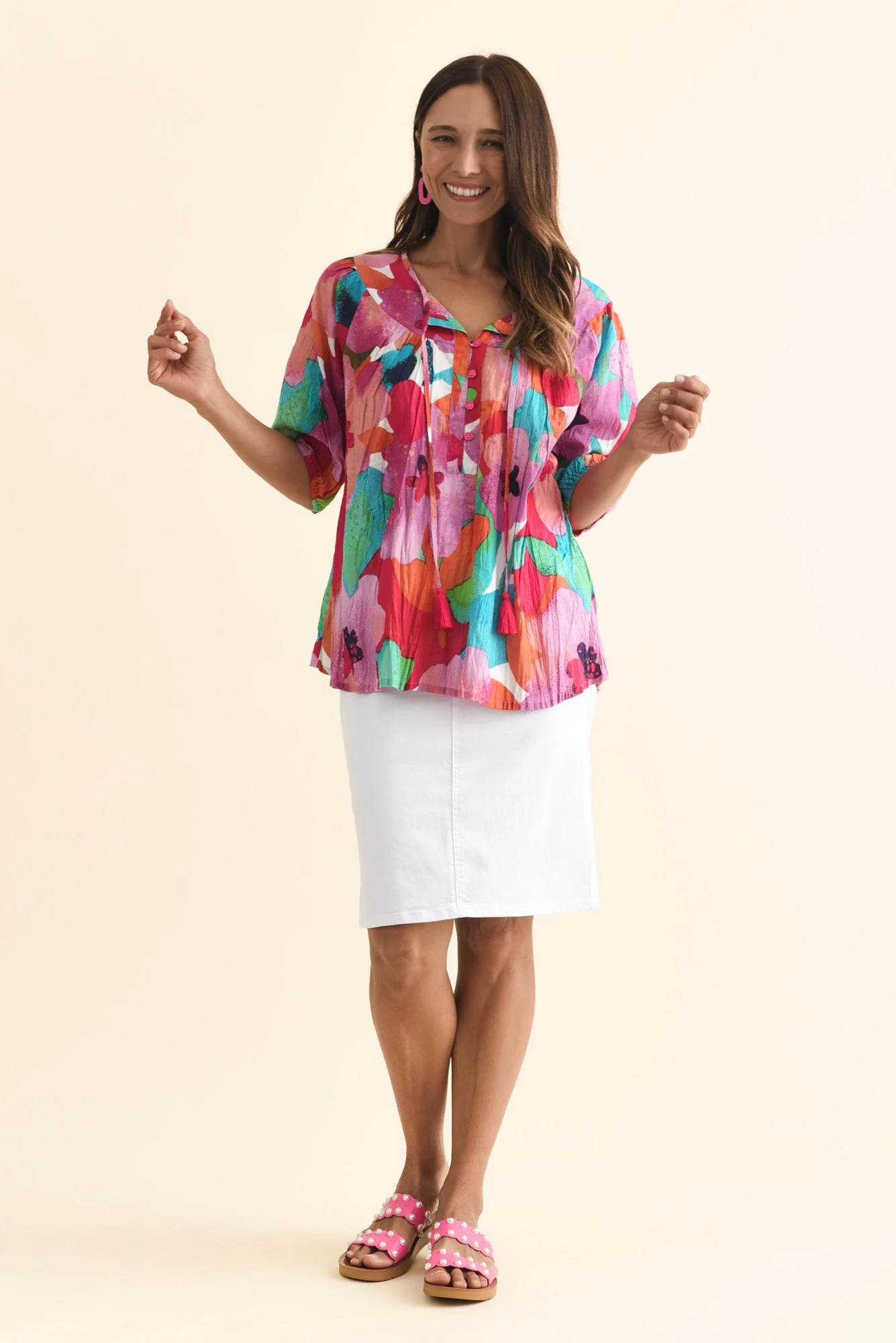 Claris Pink Floral Crinkle Cotton Top - Image 2