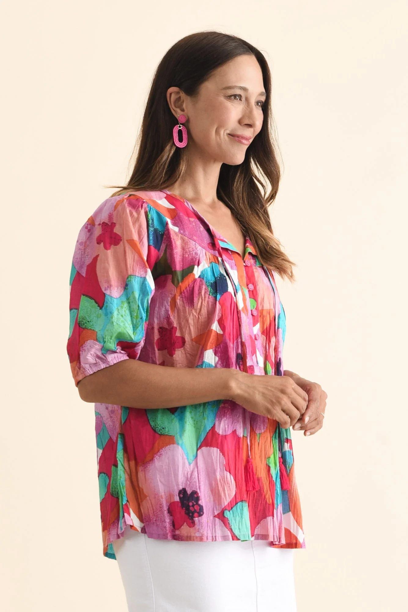 Claris Pink Floral Crinkle Cotton Top - Image 3