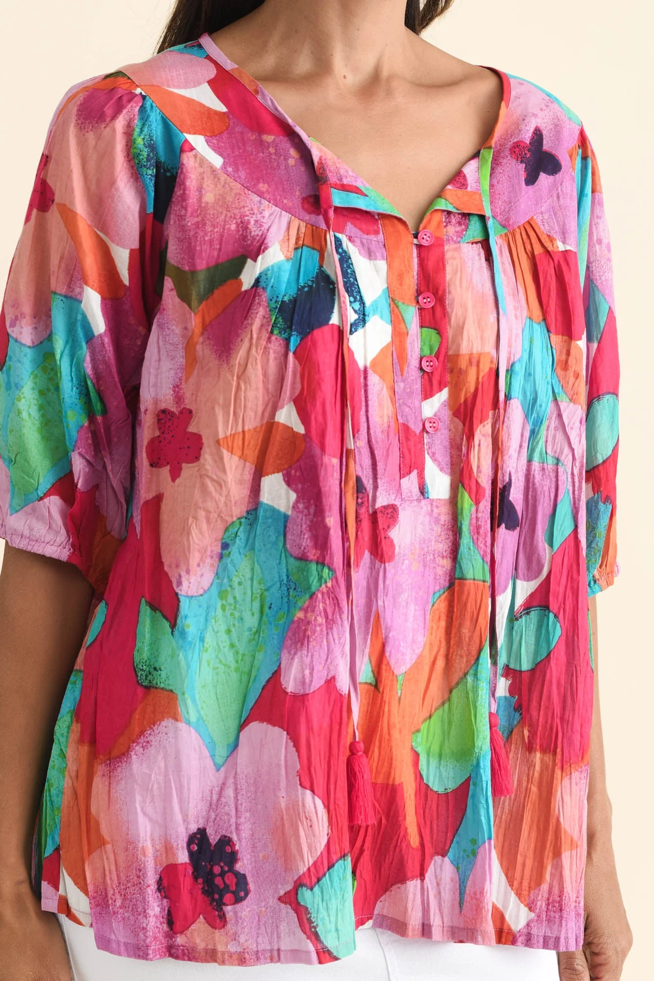 Claris Pink Floral Crinkle Cotton Top - Image 5