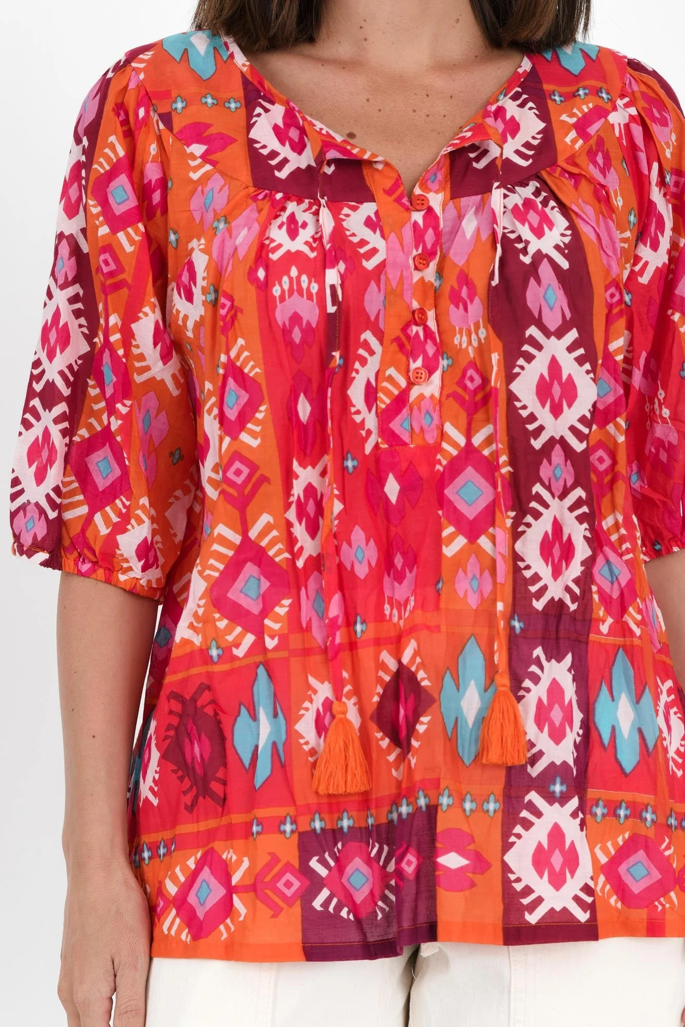 Claris Red Geo Crinkle Cotton Top - Image 5