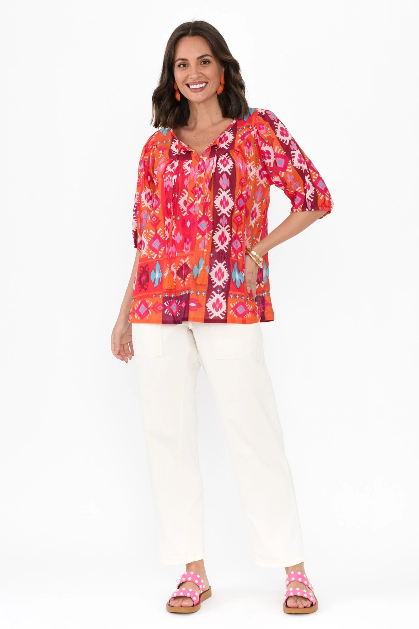 Claris Red Geo Crinkle Cotton Top - Image 6