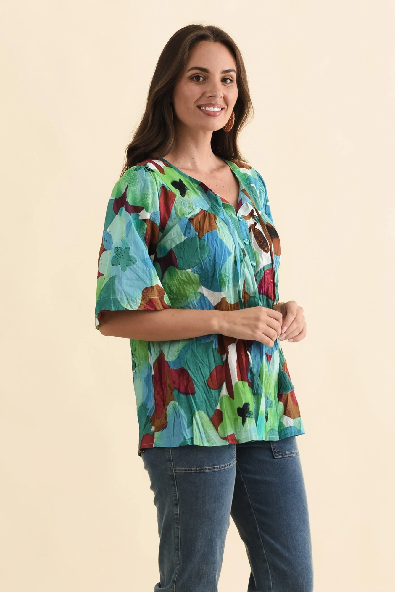 Claris Teal Flower Crinkle Cotton Top - Image 3