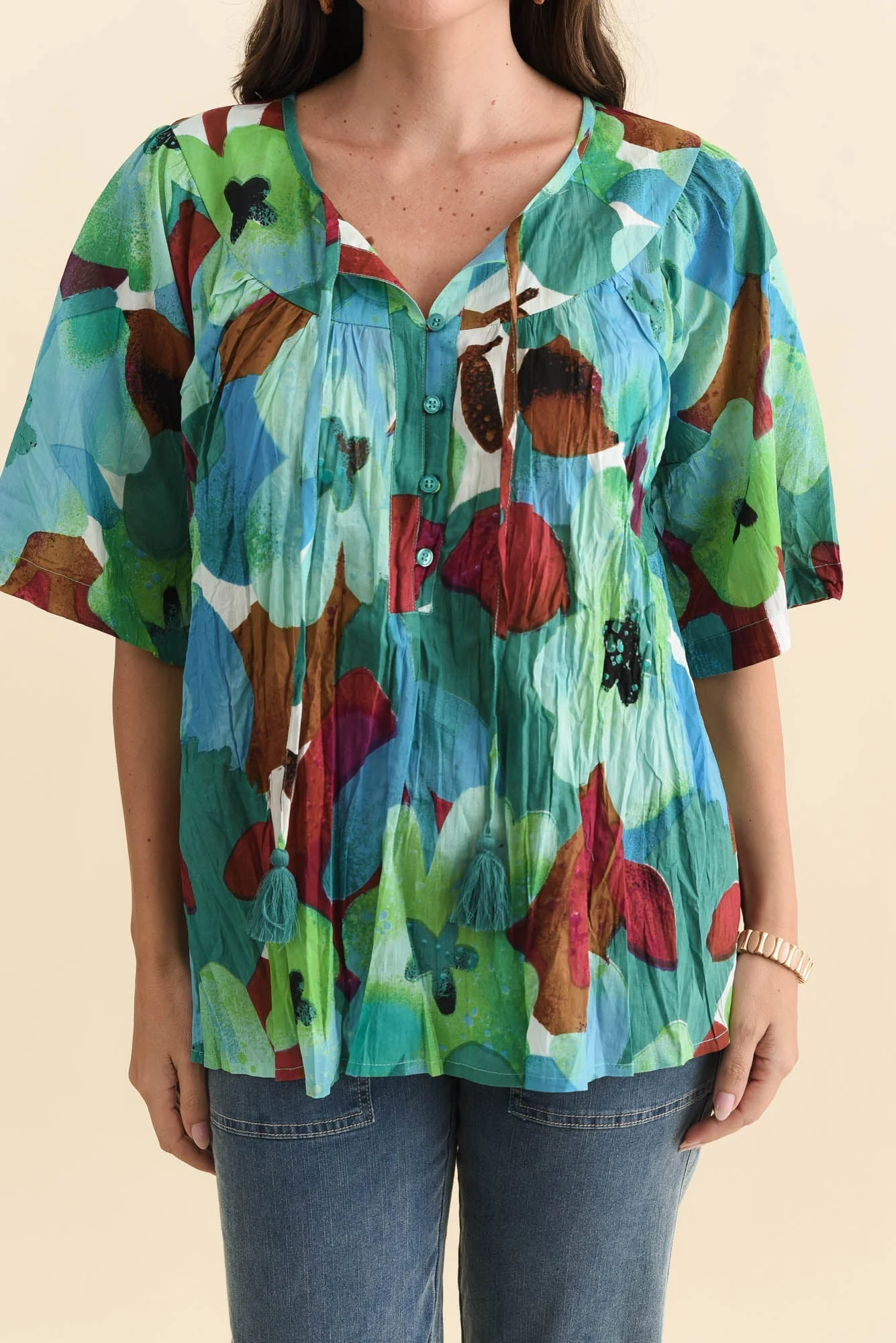 Claris Teal Flower Crinkle Cotton Top - Image 5