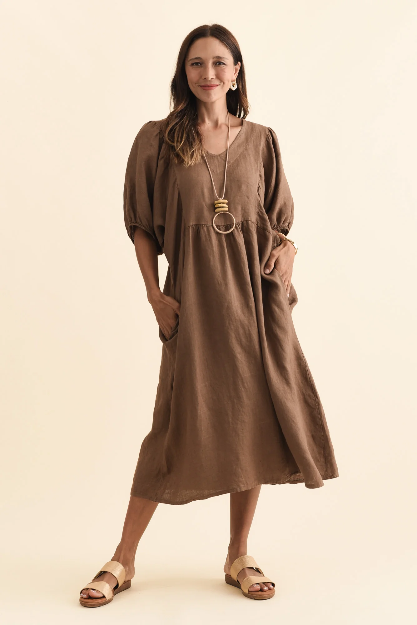 Claudine Chocolate Linen Pocket Dress - Image 2