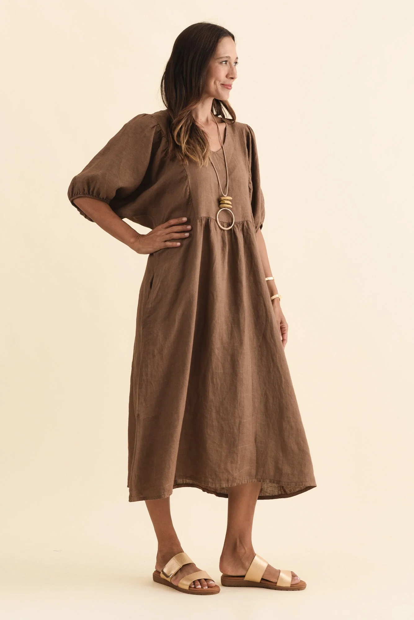 Claudine Chocolate Linen Pocket Dress - Image 3