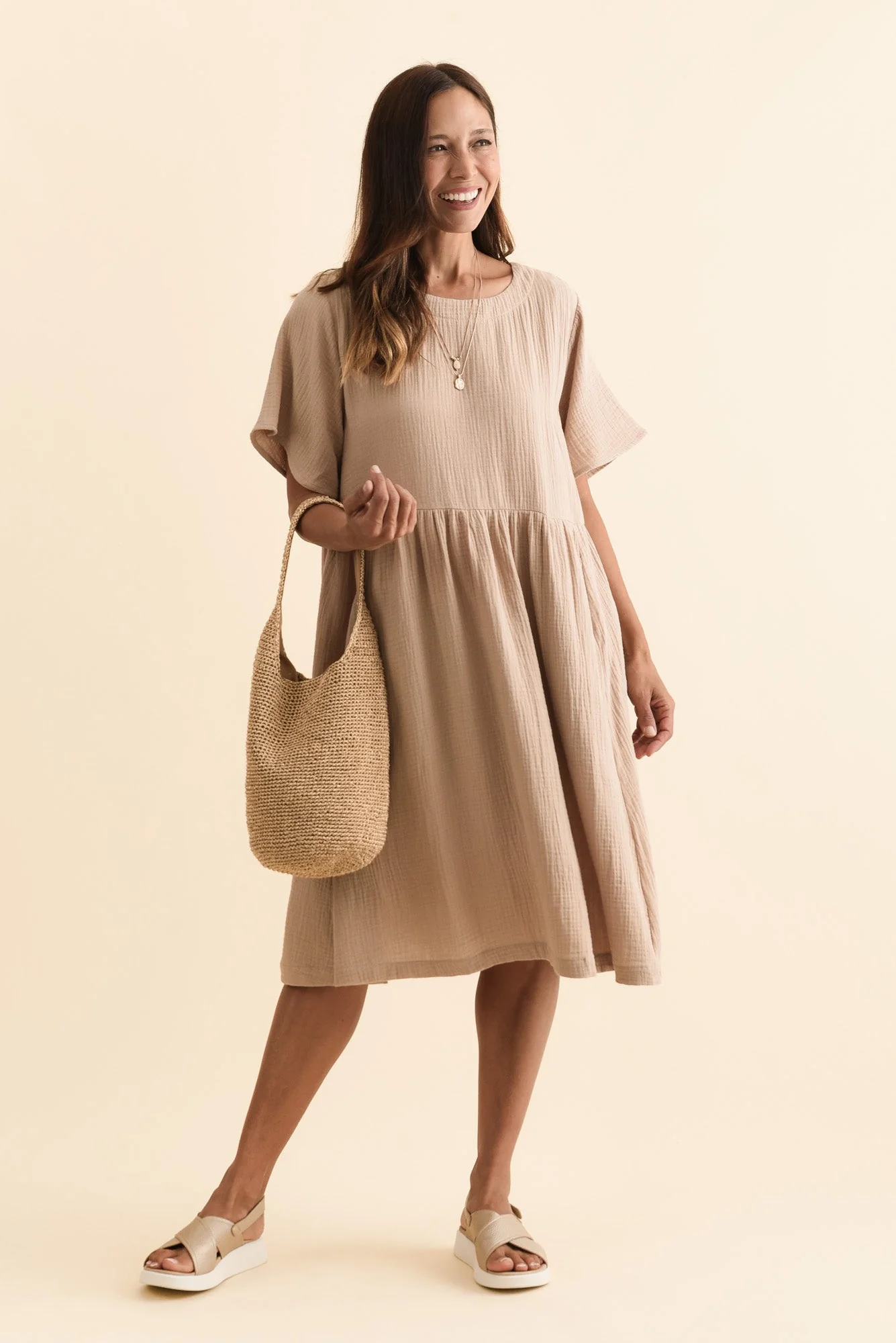 Cloud Gauze Beige Cotton Pocket Dress - Image 2