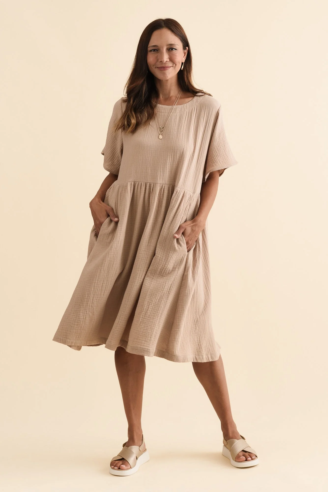 Cloud Gauze Beige Cotton Pocket Dress - Image 3