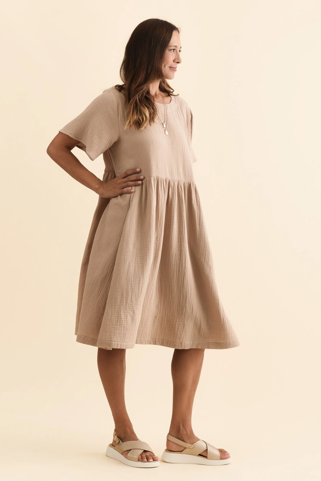 Cloud Gauze Beige Cotton Pocket Dress - Image 4