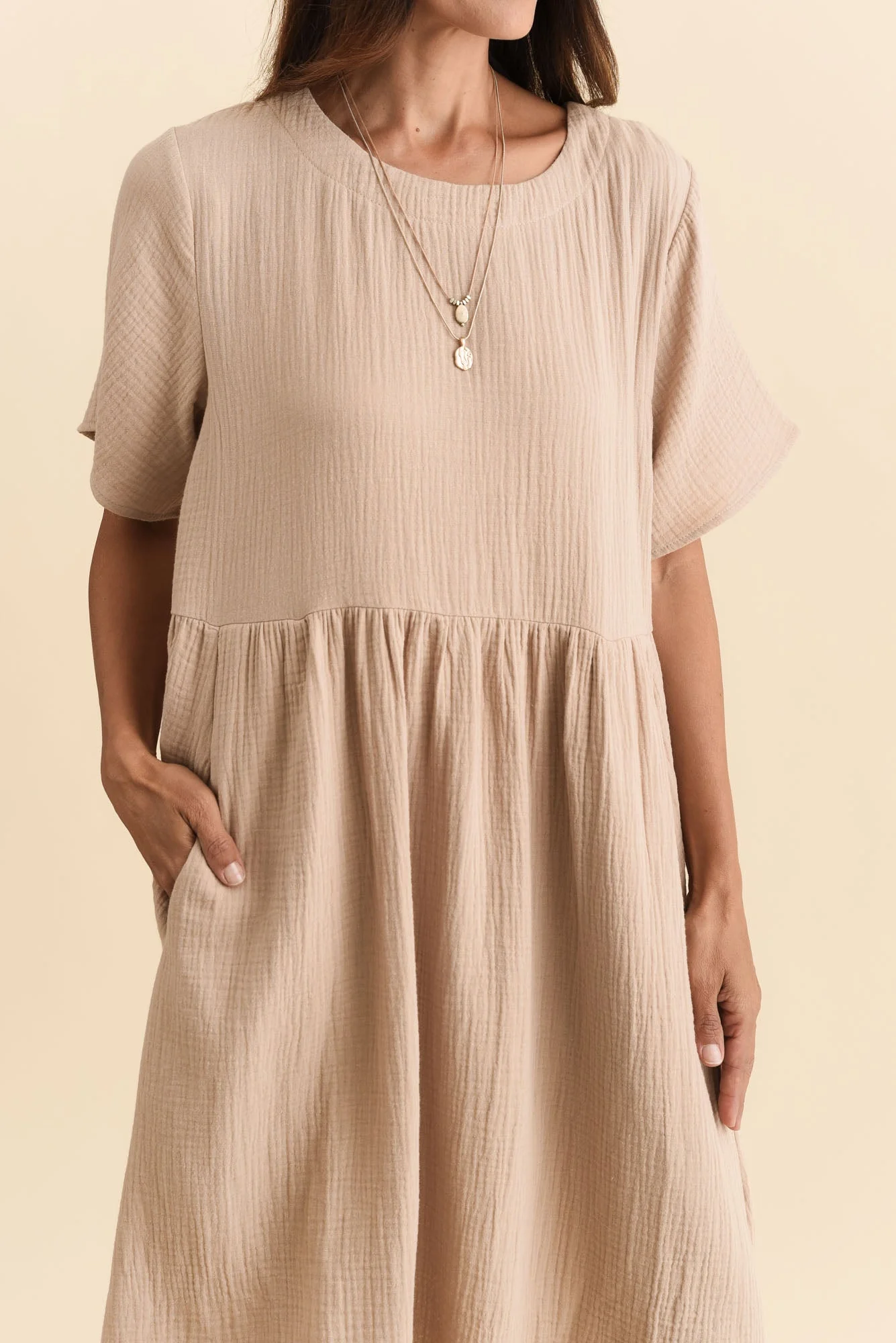 Cloud Gauze Beige Cotton Pocket Dress - Image 6