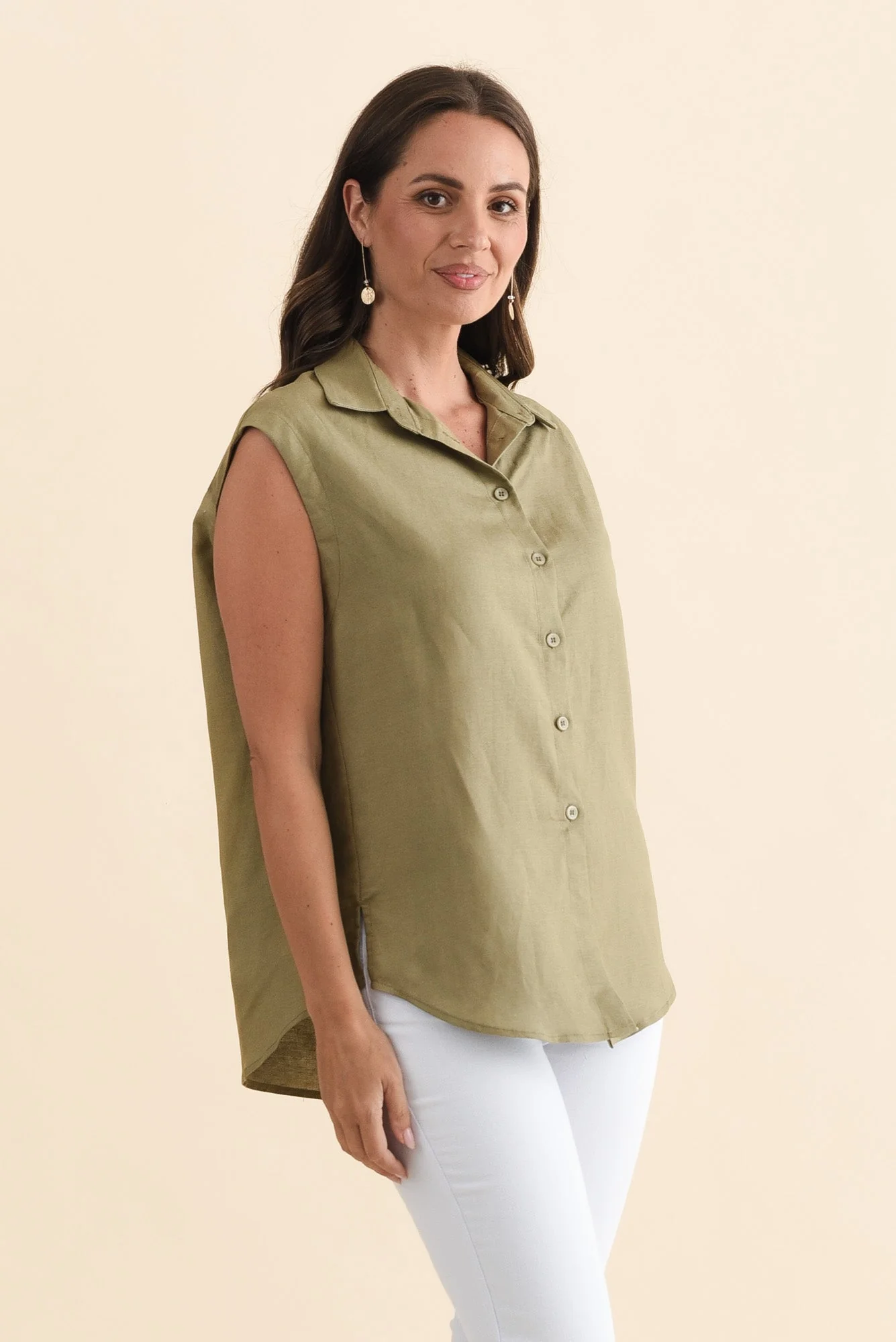 Corbin Khaki Linen Blend Button Top - Image 3