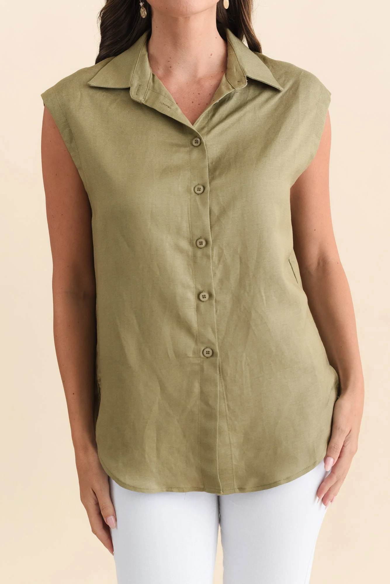 Corbin Khaki Linen Blend Button Top - Image 4