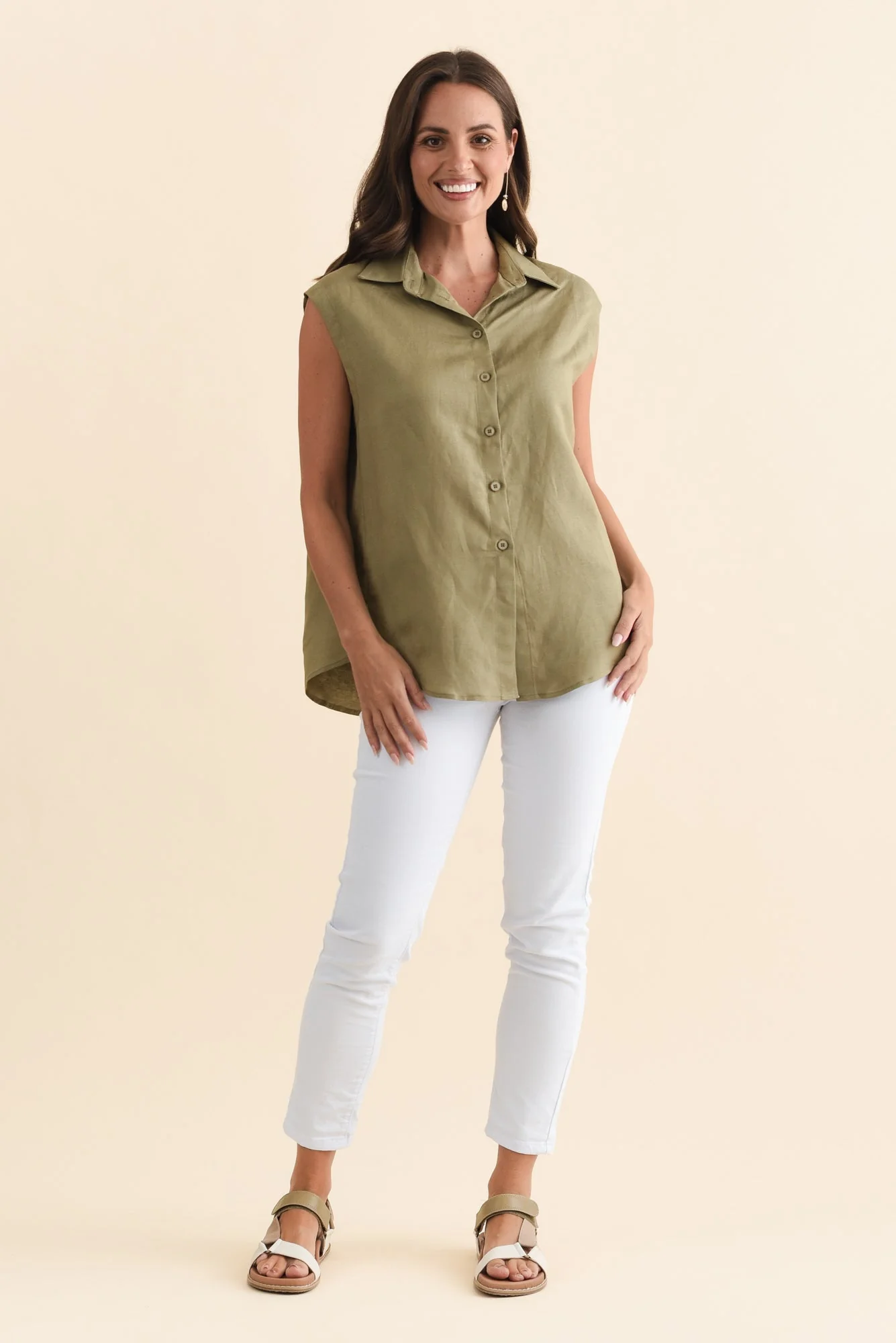 Corbin Khaki Linen Blend Button Top - Image 5