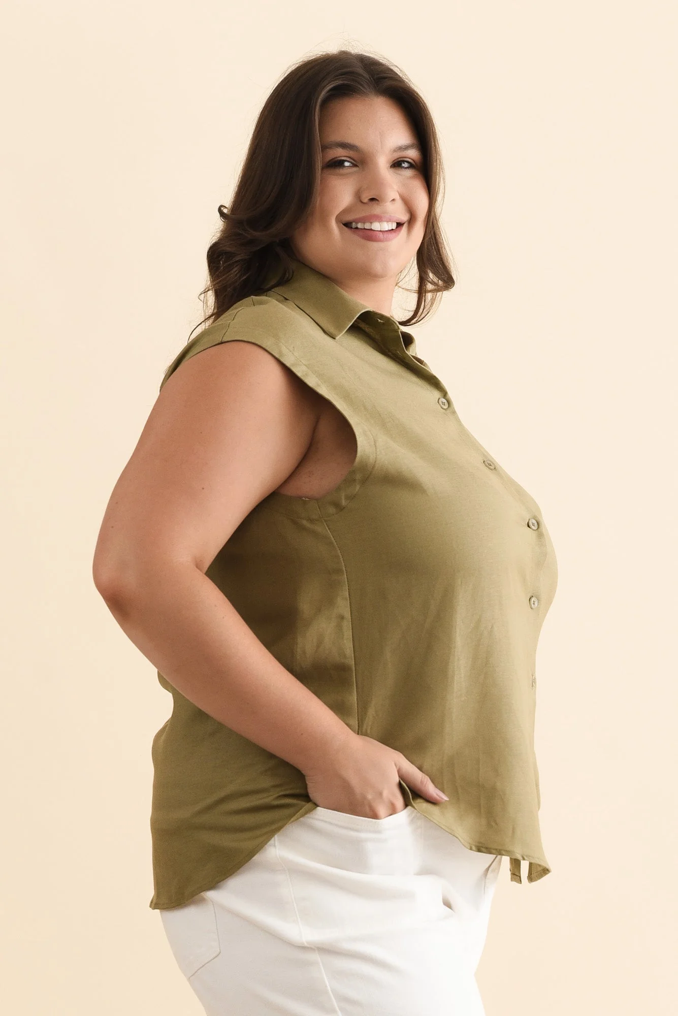 Corbin Khaki Linen Blend Button Top - Image 8