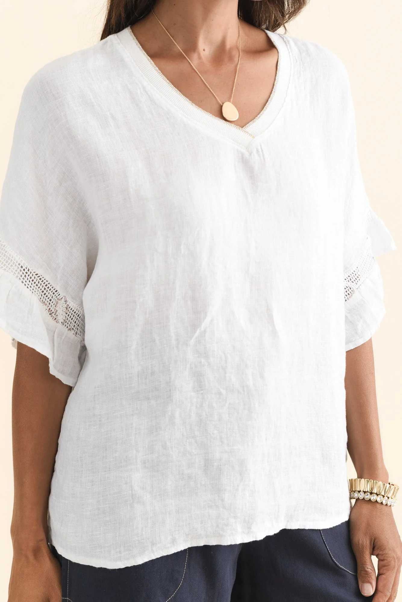 Corina White Linen V Neck Top - Image 5