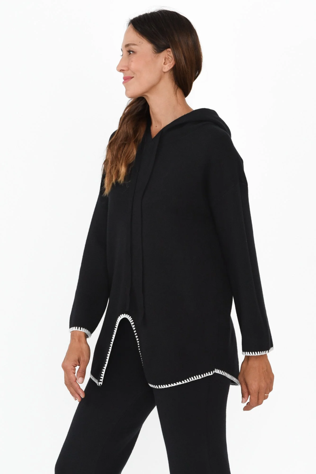 Cosy Black Contrast Hooded Knit Jumper - Image 3