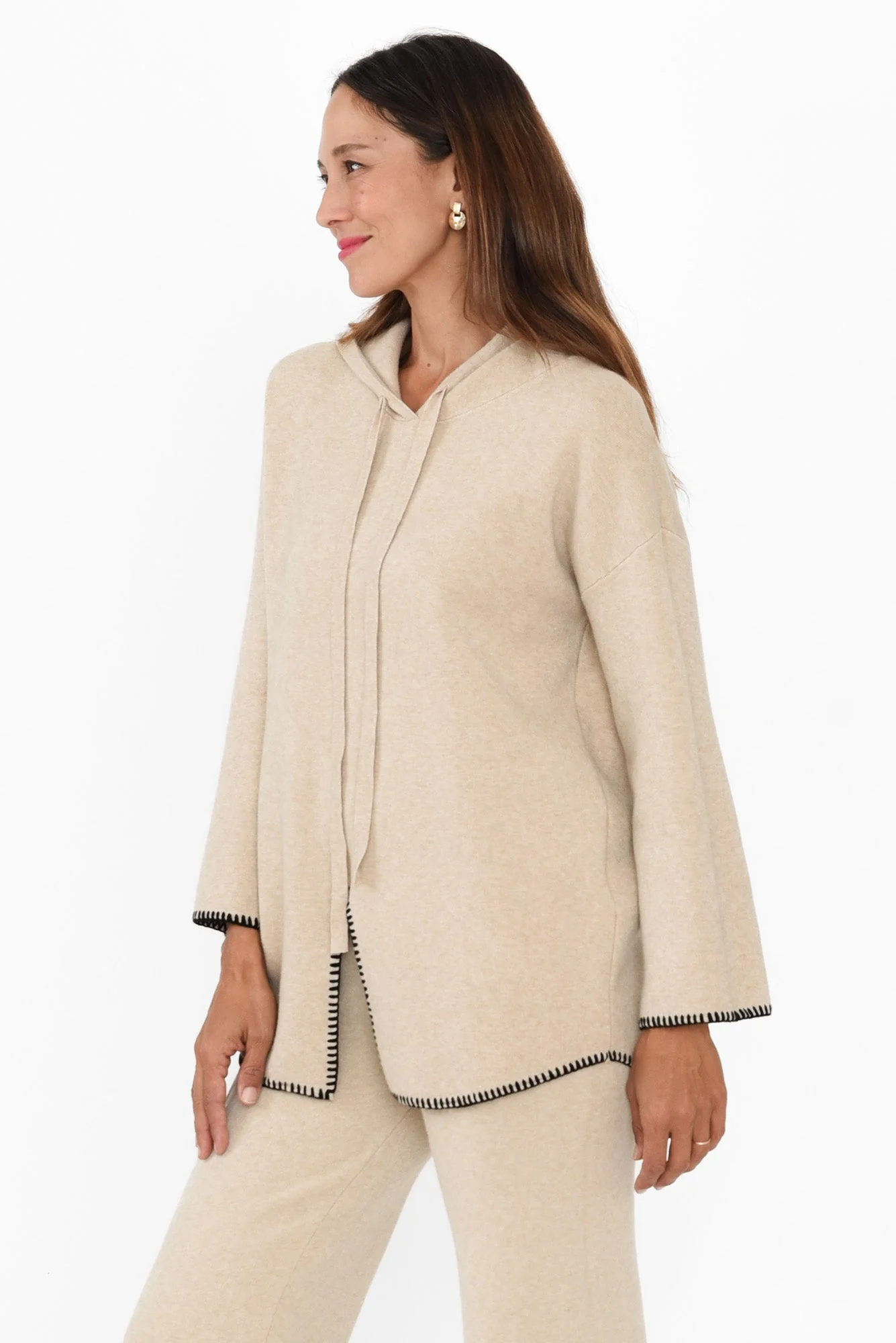 Cosy Natural Contrast Hooded Knit Jumper - Image 3