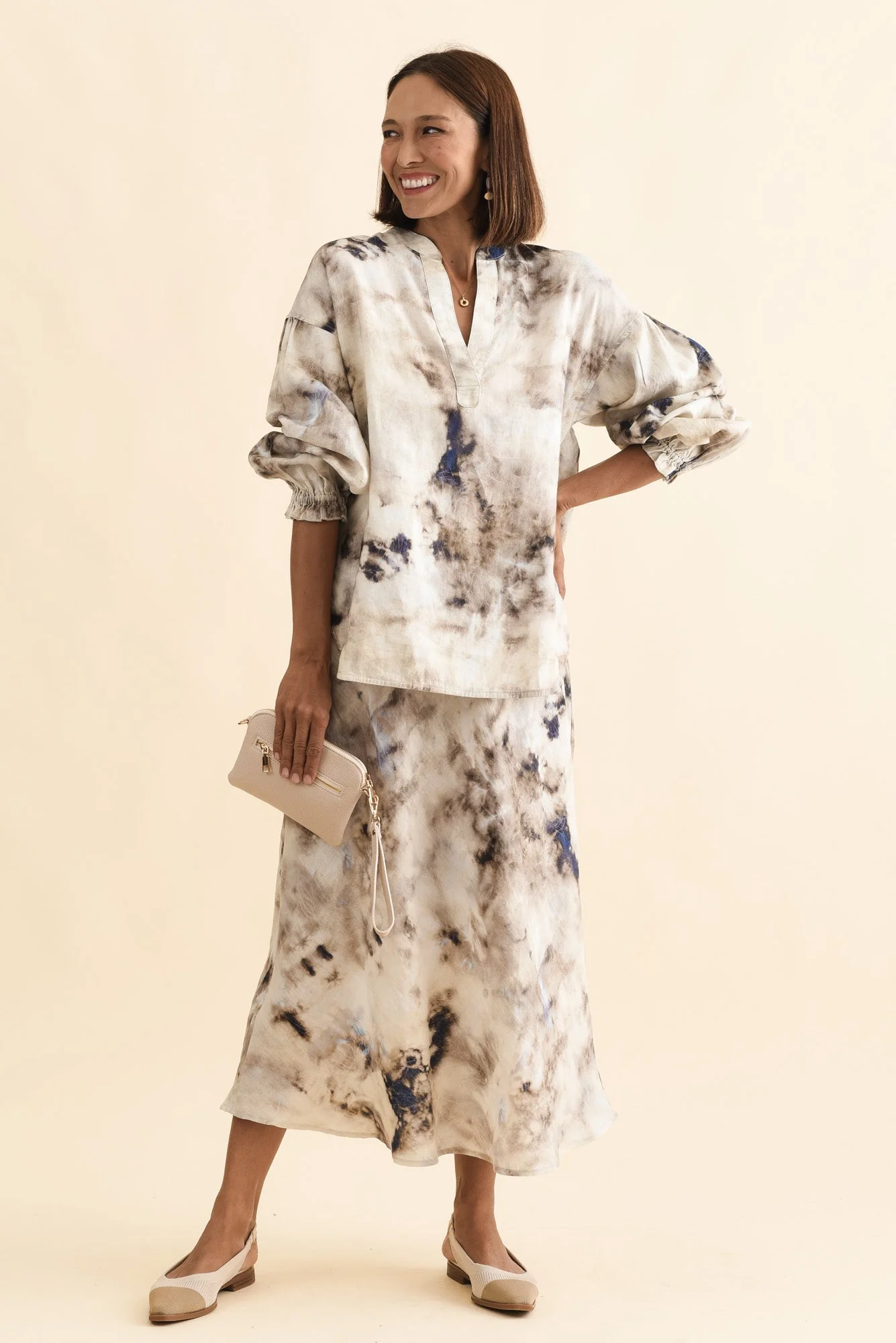 Curio Taupe Abstract Linen Blouse - Image 2