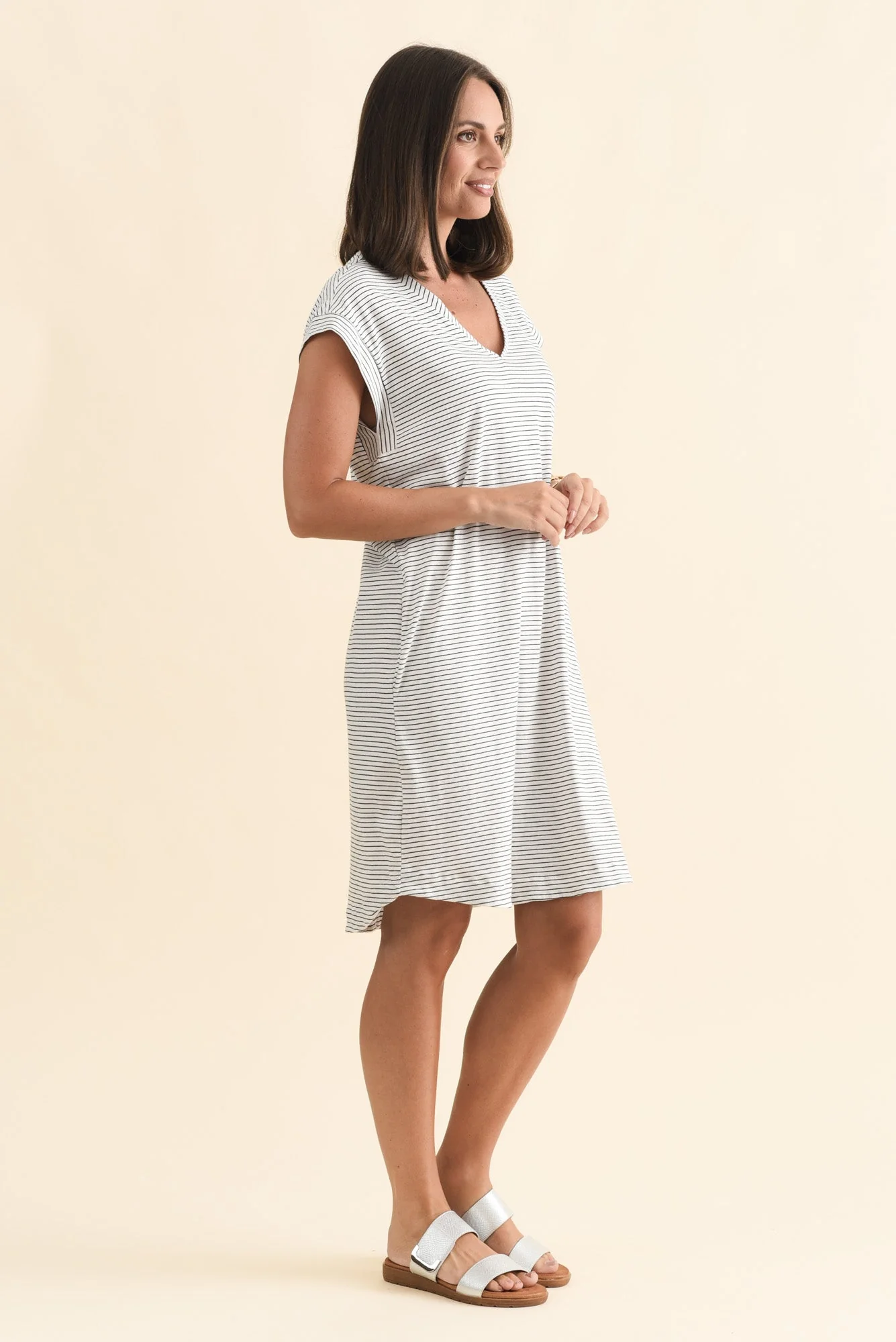 Daphne Black Stripe Cotton V Neck Dress - Image 3