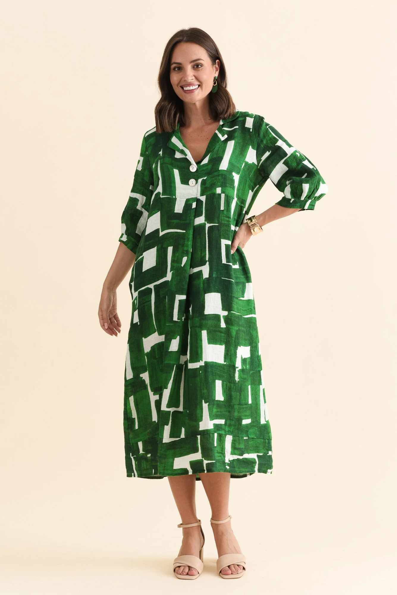 Daria Green Geo Linen Collared Dress - Image 2