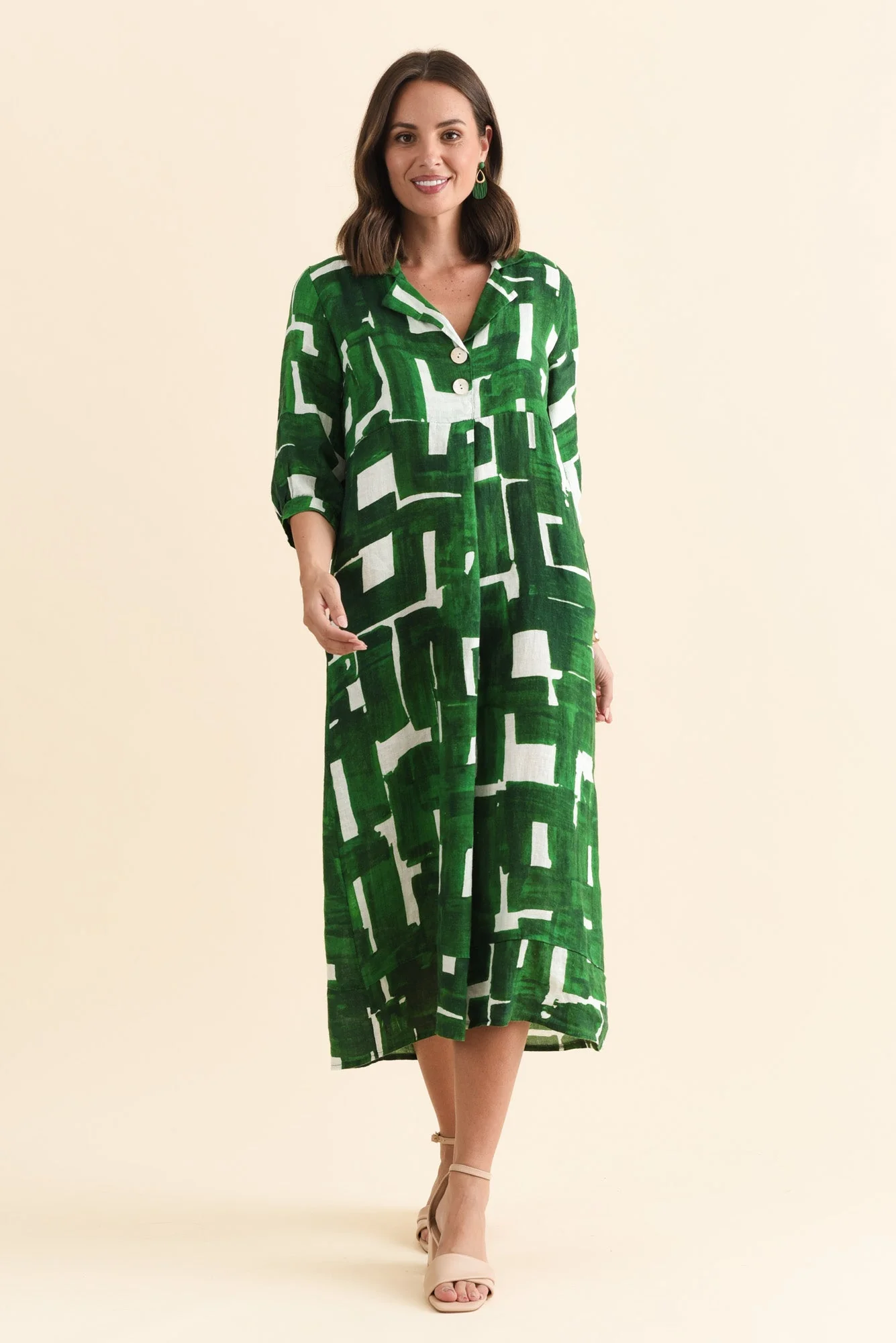 Daria Green Geo Linen Collared Dress - Image 3