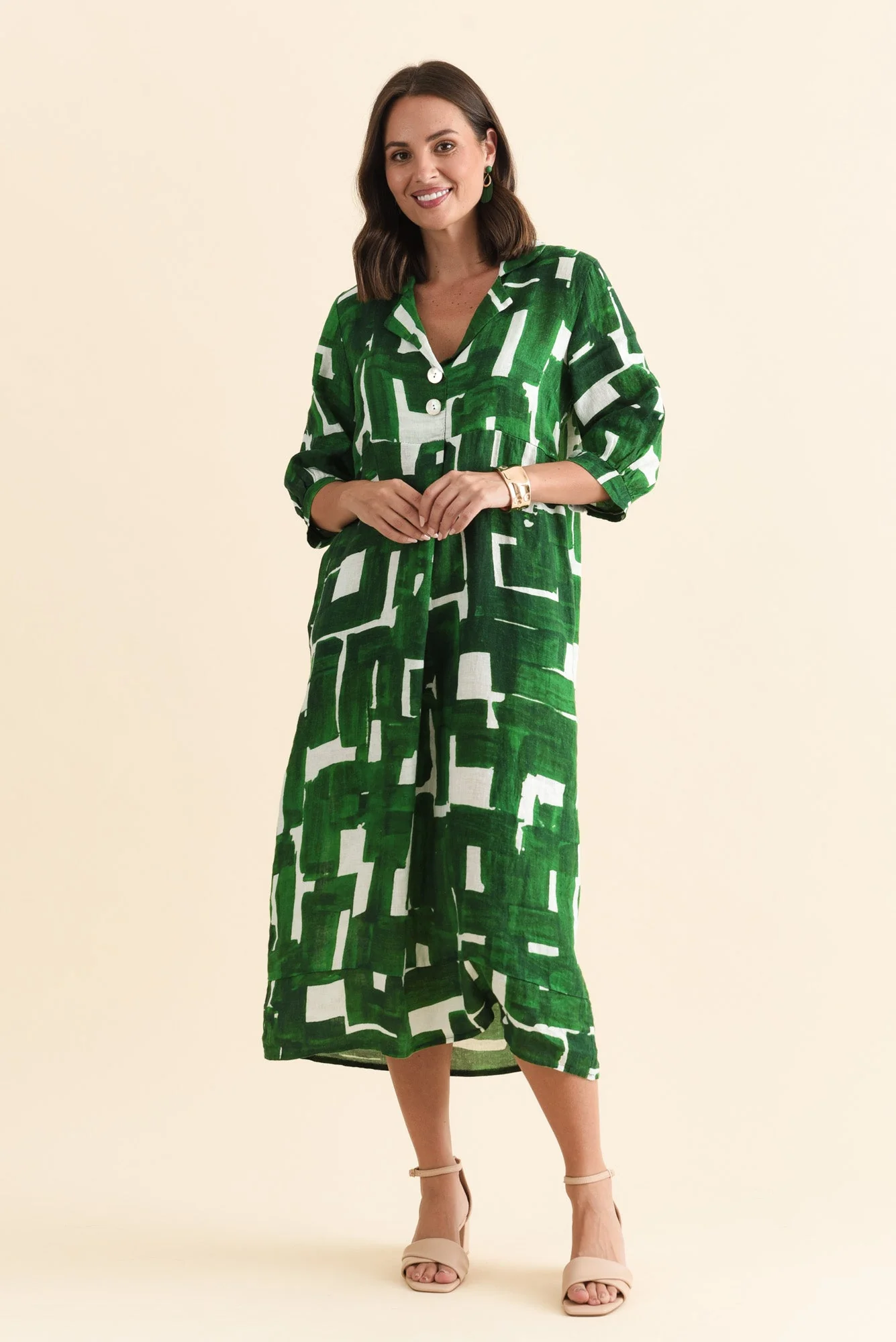 Daria Green Geo Linen Collared Dress - Image 7