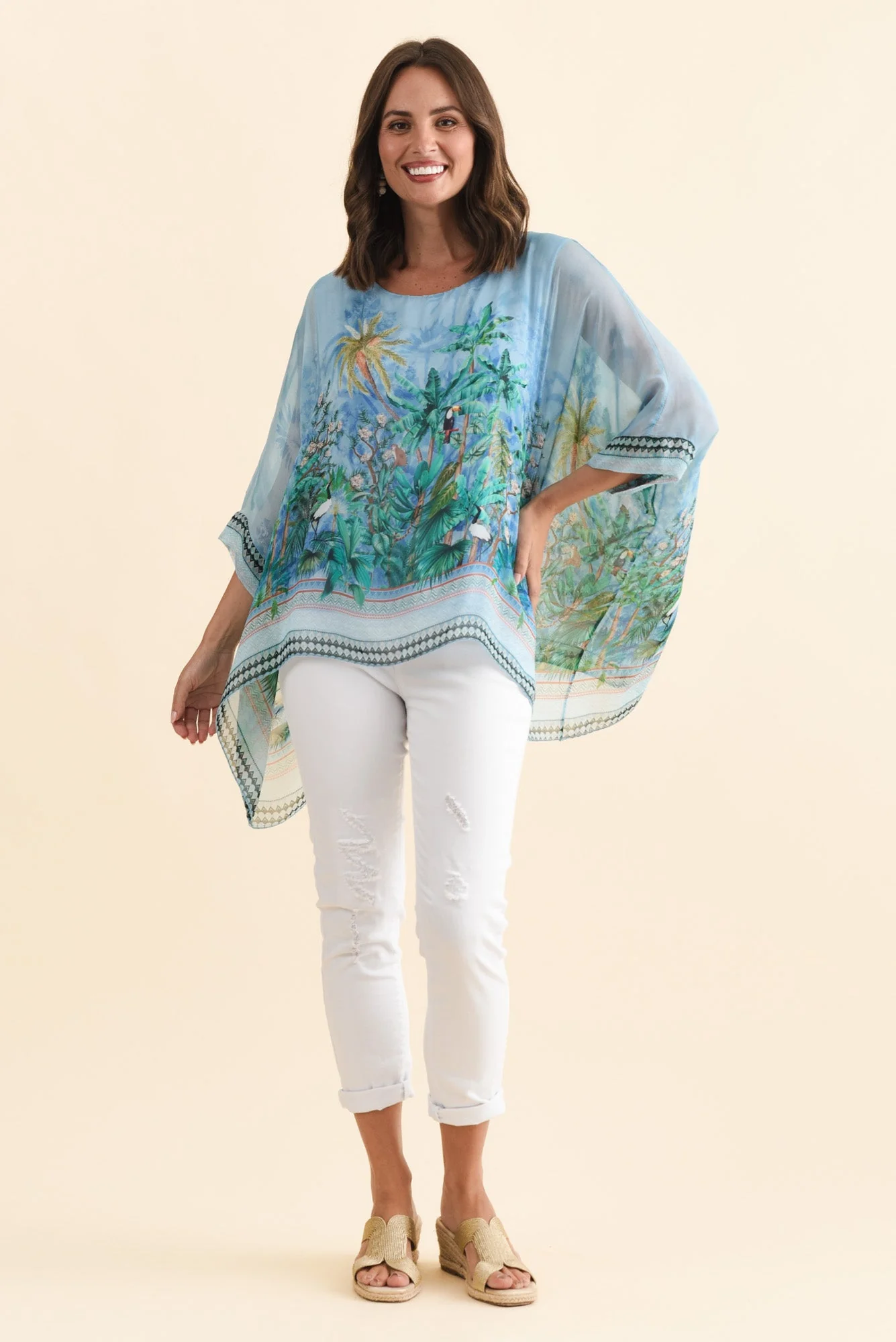 Dawn Blue Tropical Silk Overlay Top - Image 2